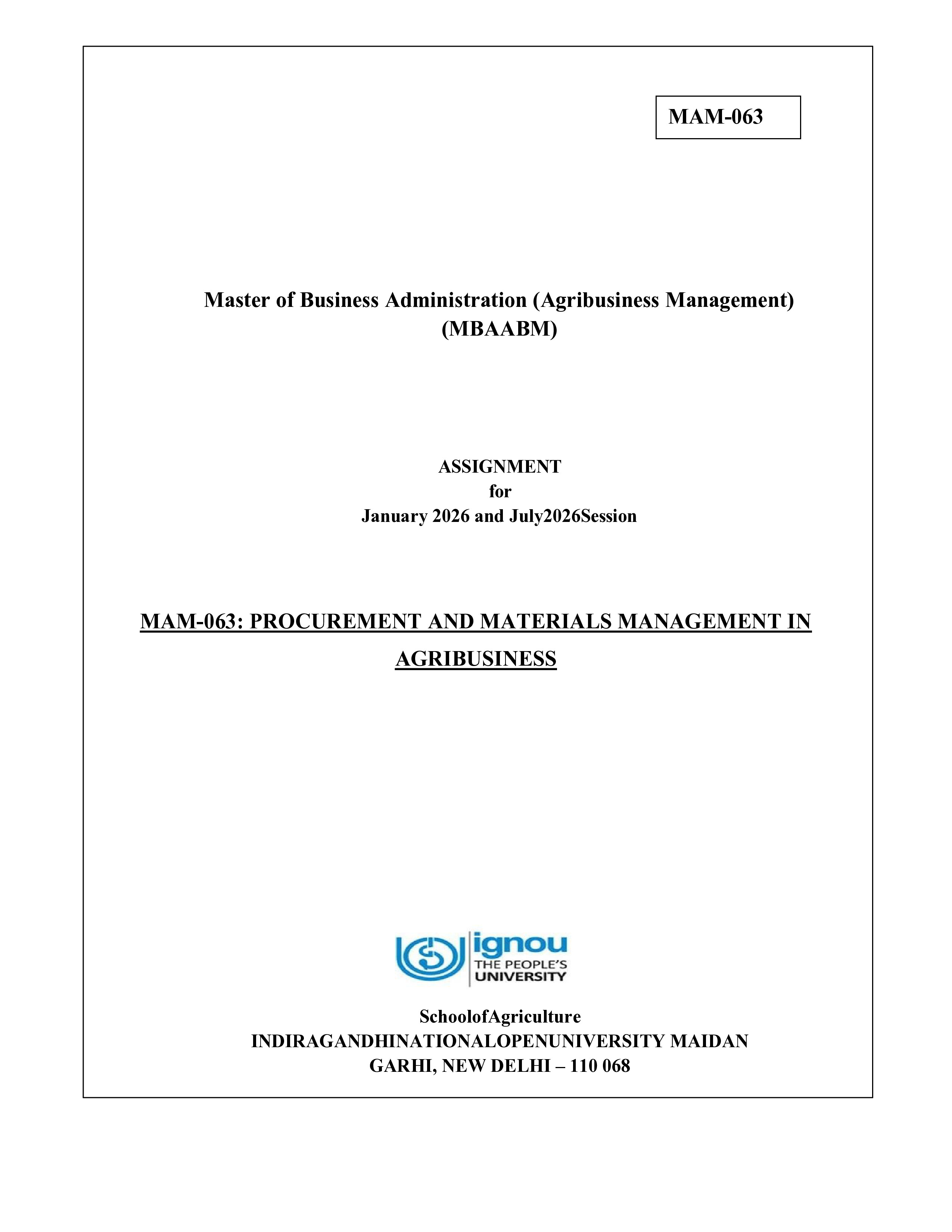 IGNOU MAM 063 Solved Assignment 2026-26 – Procurement and Materials Management in Agribusiness (English) | IGNOU Students Portal