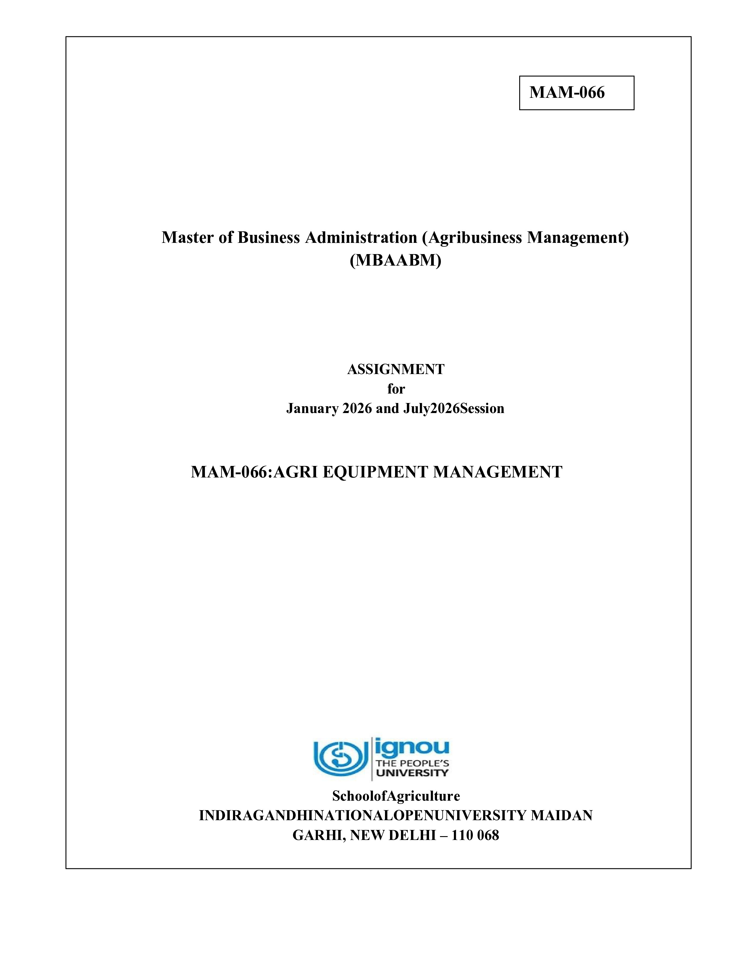 IGNOU MAM 066 Solved Assignment 2026-26 – Agri Equipment Management (English) | IGNOU Students Portal