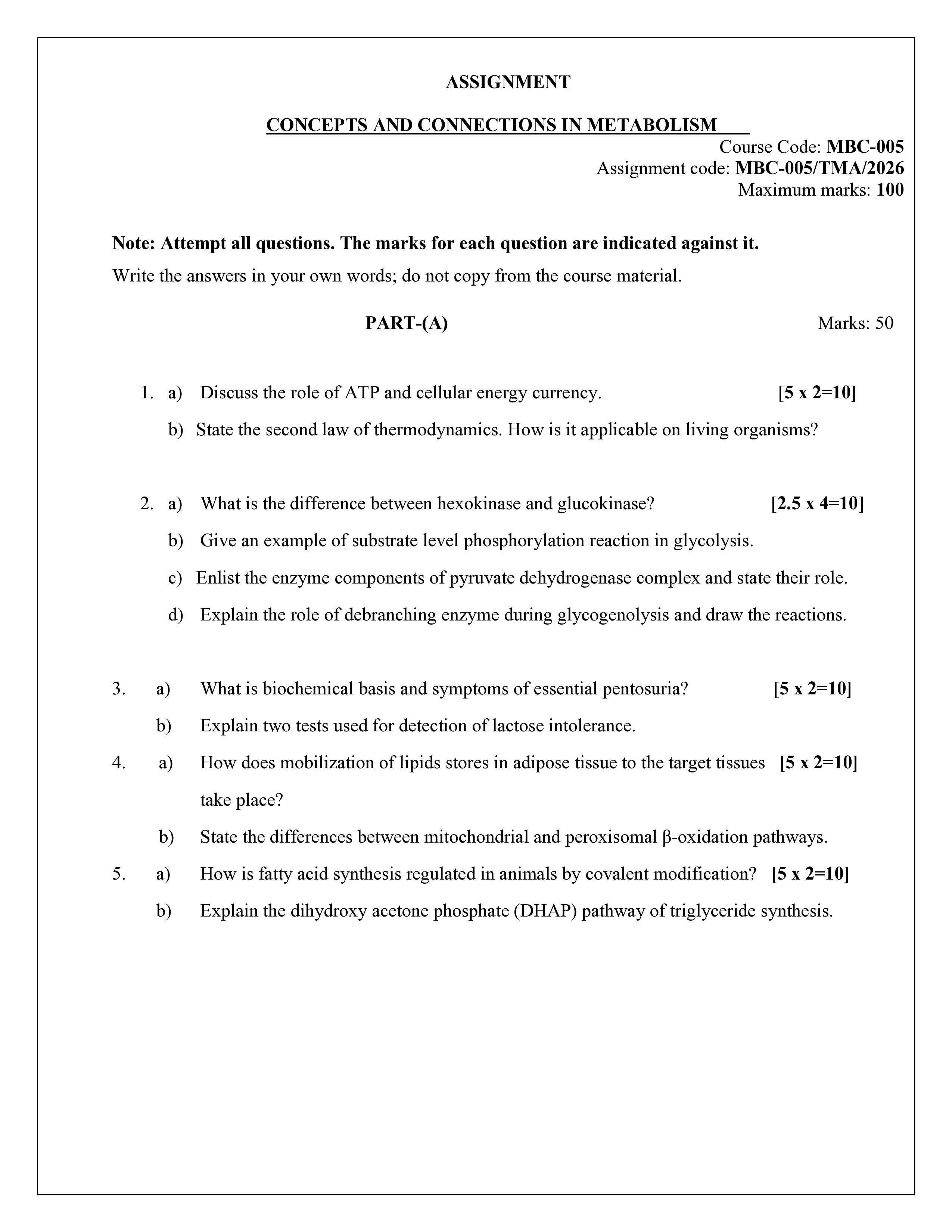 IGNOU MBC 005 Solved Assignment 2026-26 – Concepts and Connections in Metabolism (English) | IGNOU Students Portal