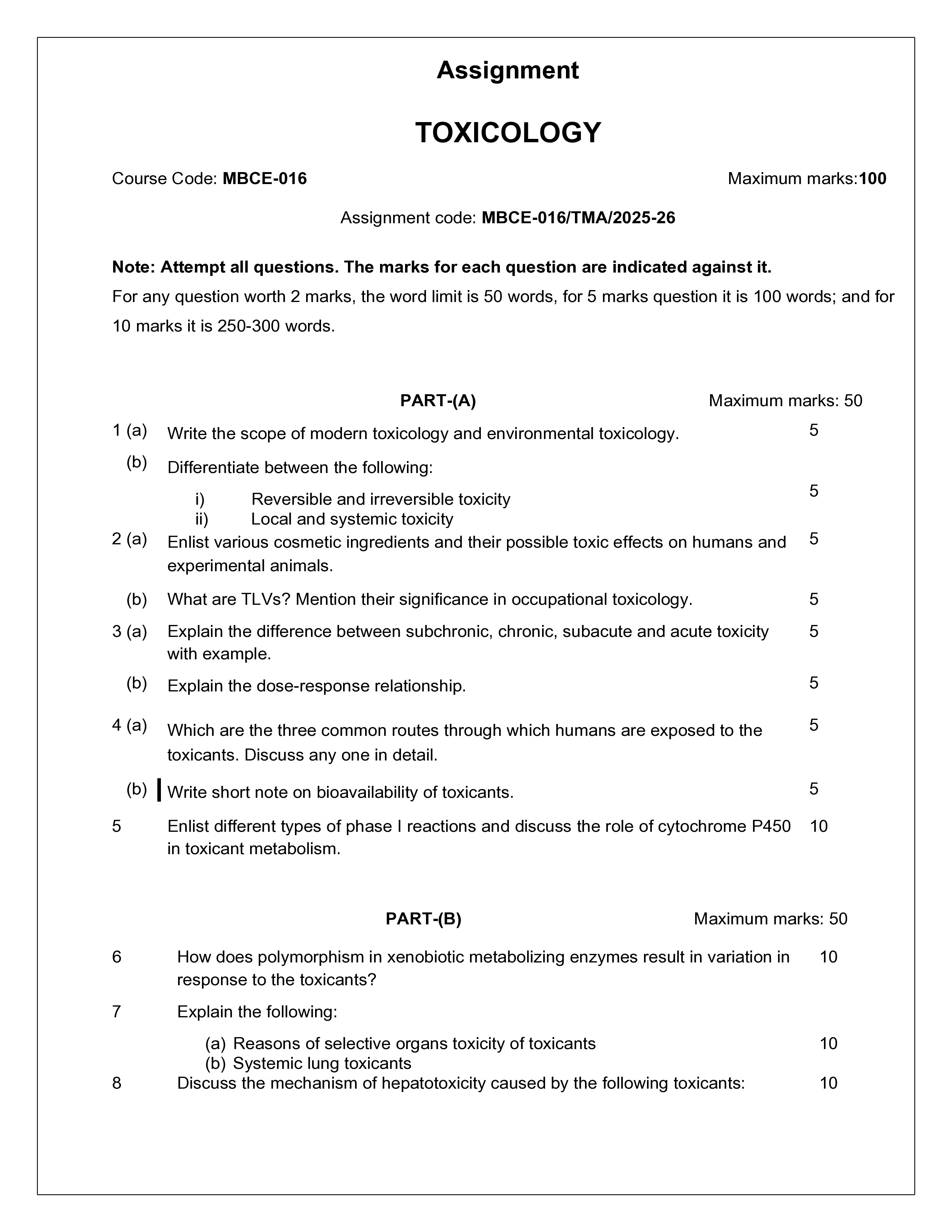 IGNOU MBCE 016 Solved Assignment 2025-2026 – Toxicology (English) | IGNOU Students Portal