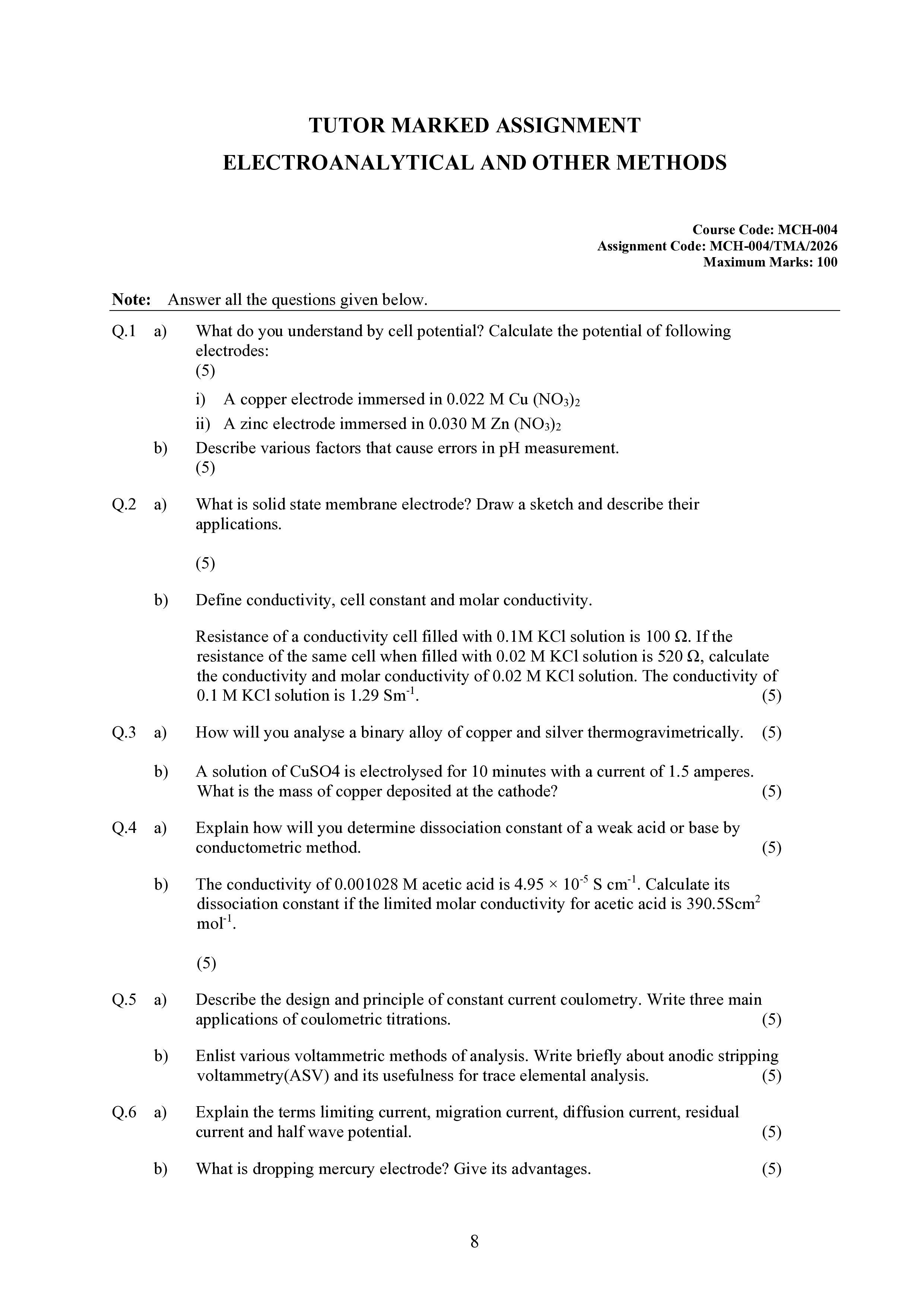 IGNOU MCH 004 Solved Assignment 2026-26 – Electroanalytical and Other Methods (English) | IGNOU Students Portal