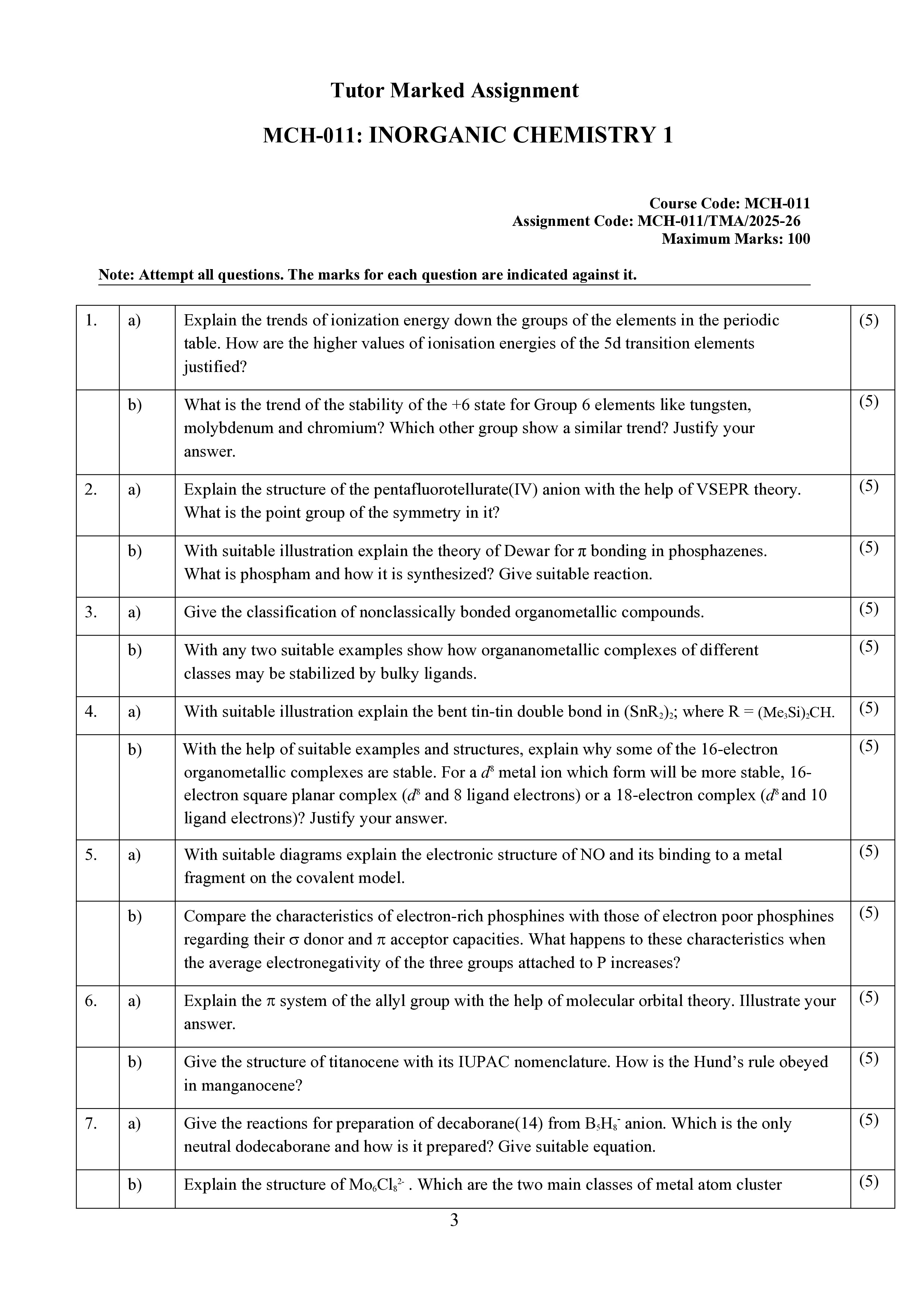 IGNOU MCH 011 Solved Assignment 2025-2026 – Inorganic Chemistry-I (English) | IGNOU Students Portal