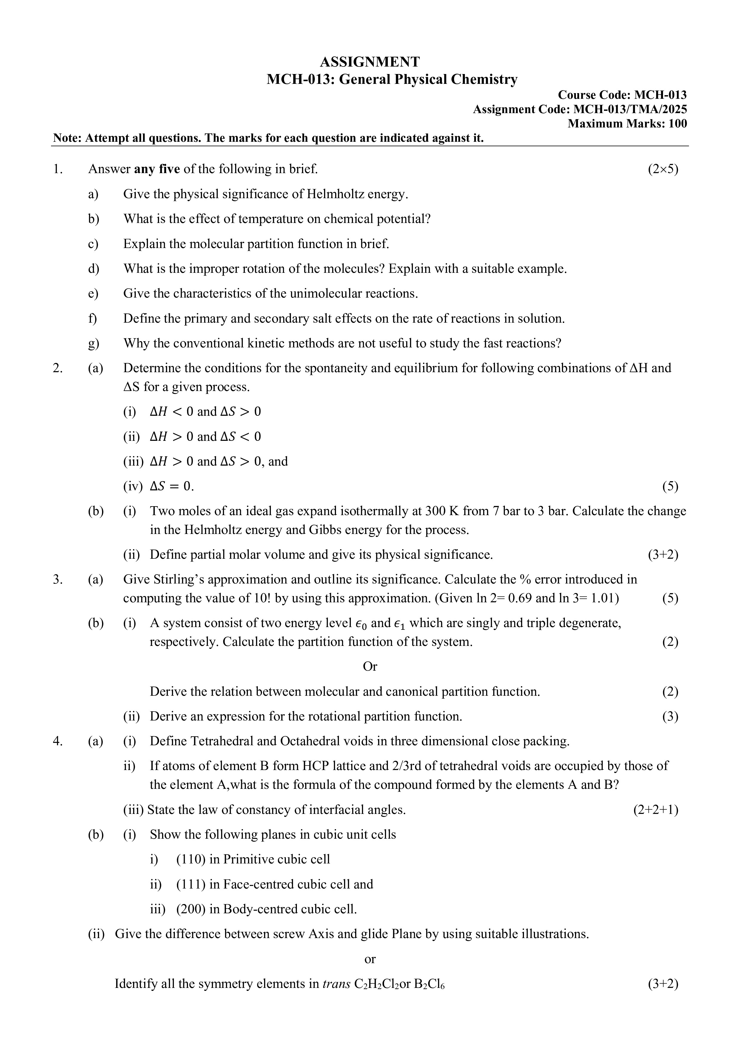 IGNOU MCH 013 Solved Assignment 2025-25 – General Physical Chemistry (English) | IGNOU Students Portal
