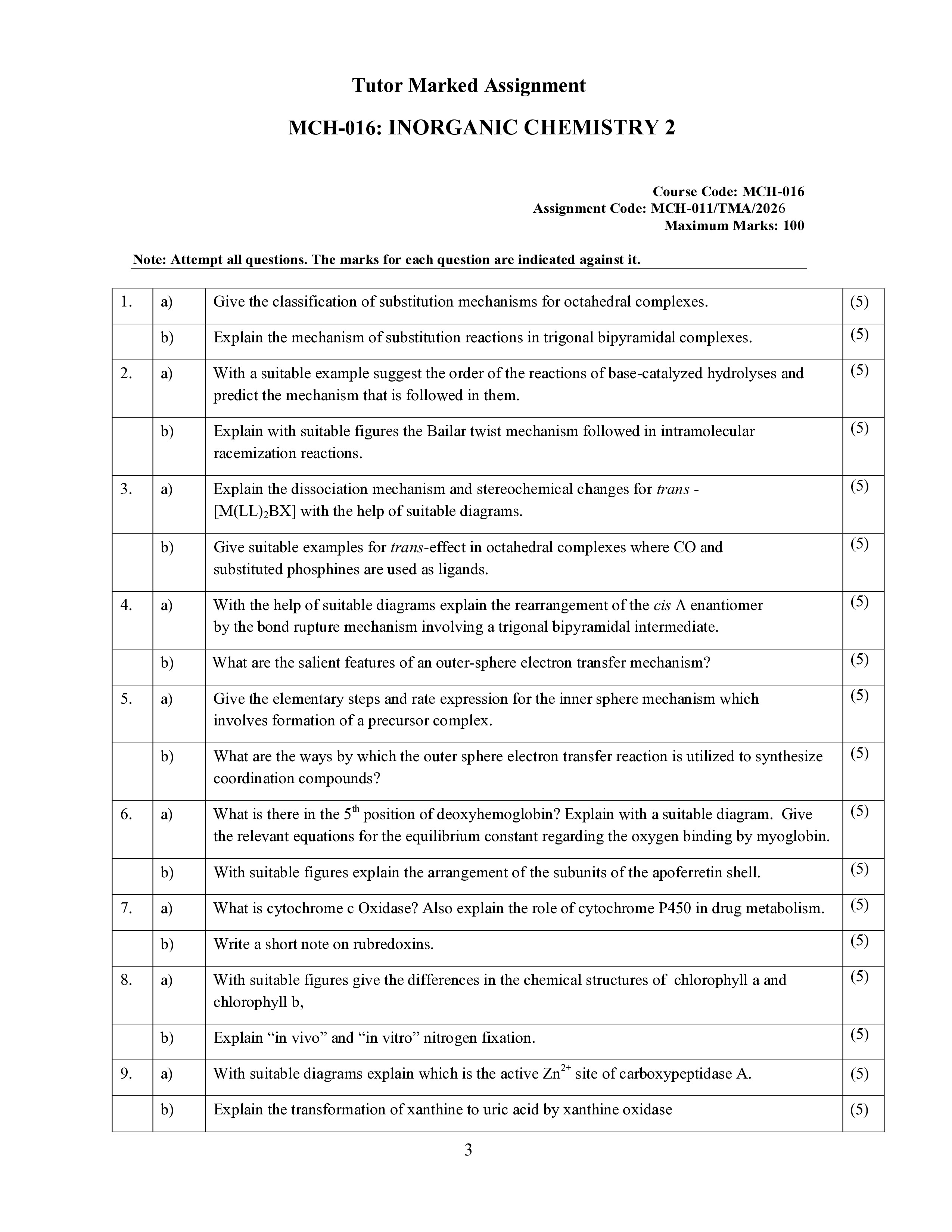 IGNOU MCH 016 Solved Assignment 2026-26 – Inorganic Chemistry-II (English) | IGNOU Students Portal
