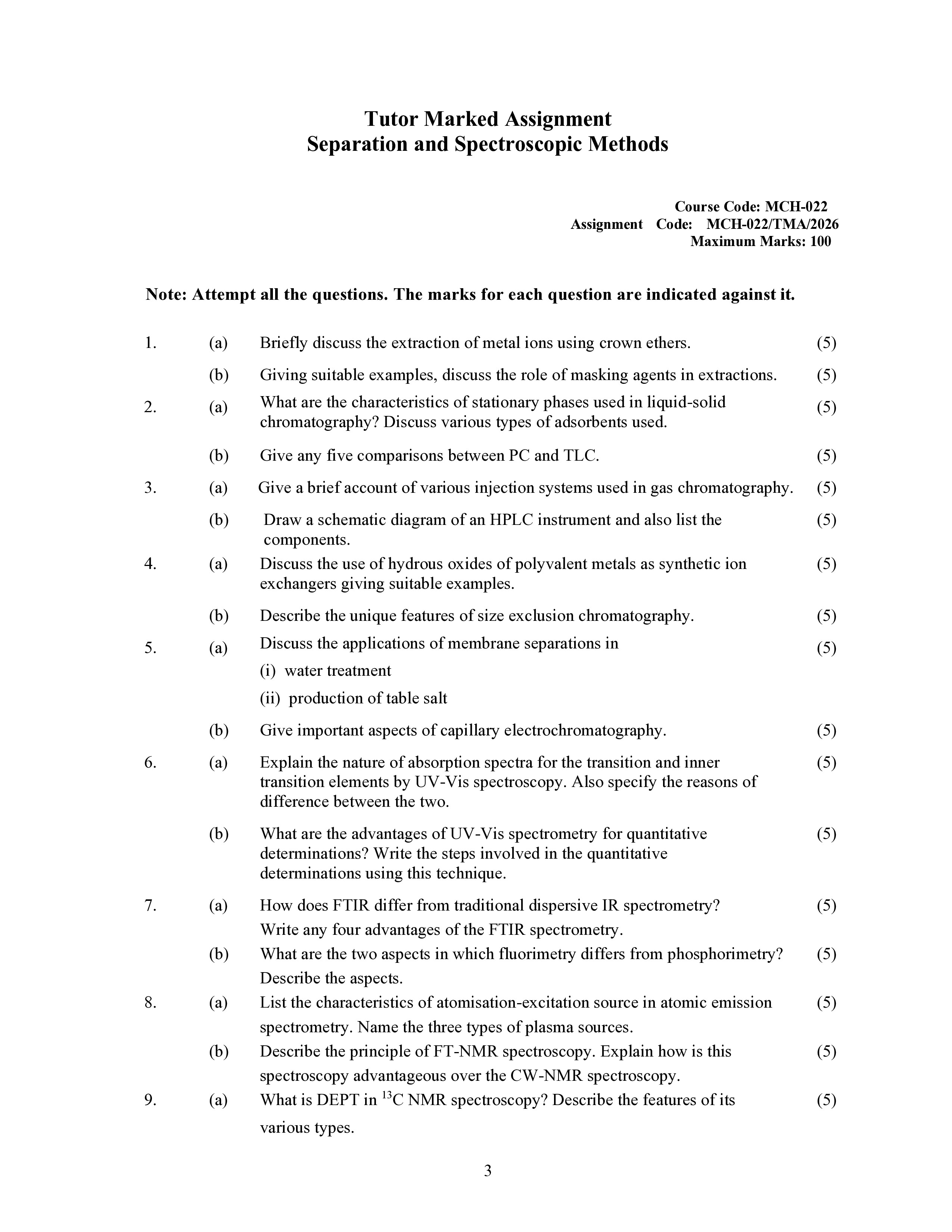 IGNOU MCH 022 Solved Assignment 2025-2026 – Separation and Spectroscopic Methods (English) | IGNOU Students Portal