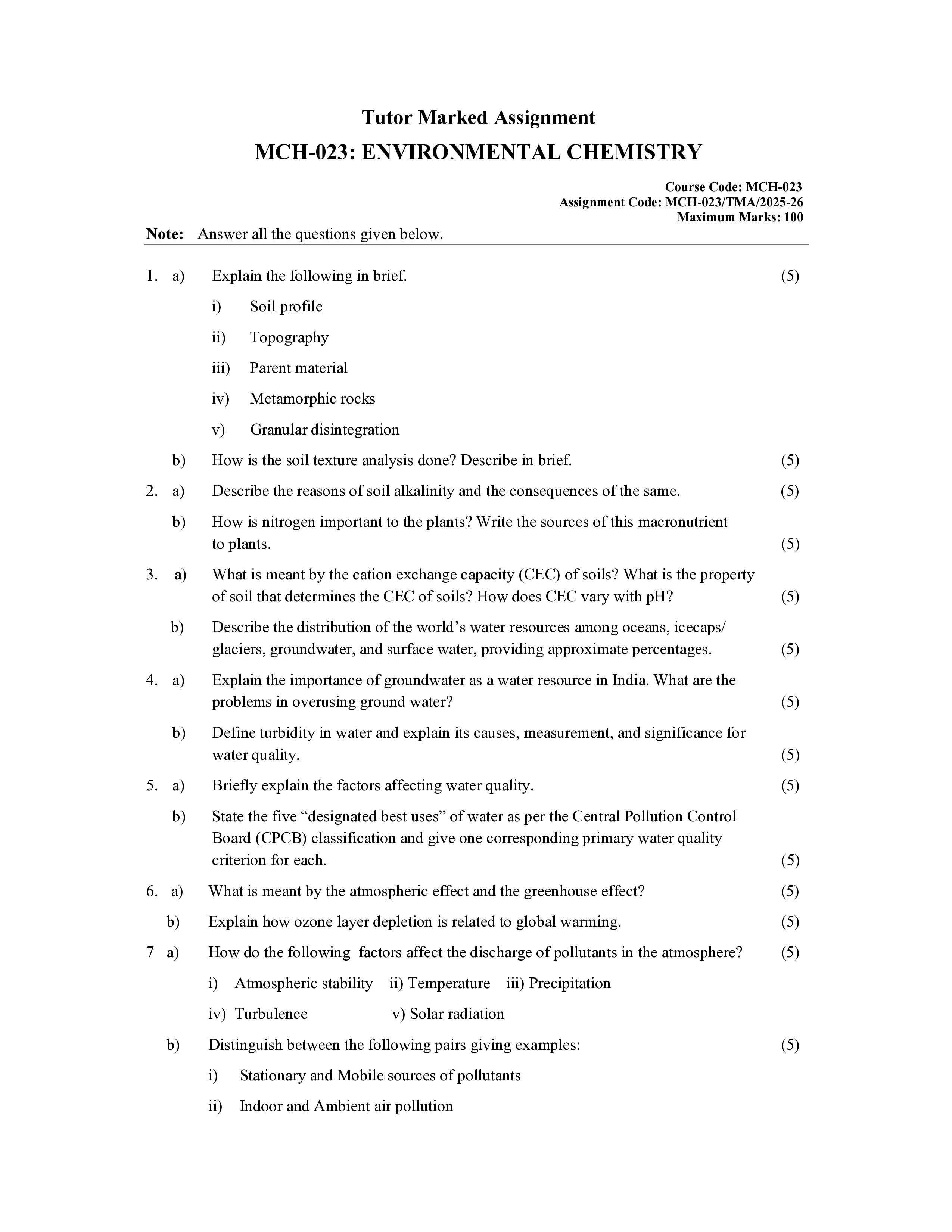 IGNOU MCH 023 Solved Assignment 2026-26 – Environmental Chemistry (English) | IGNOU Students Portal