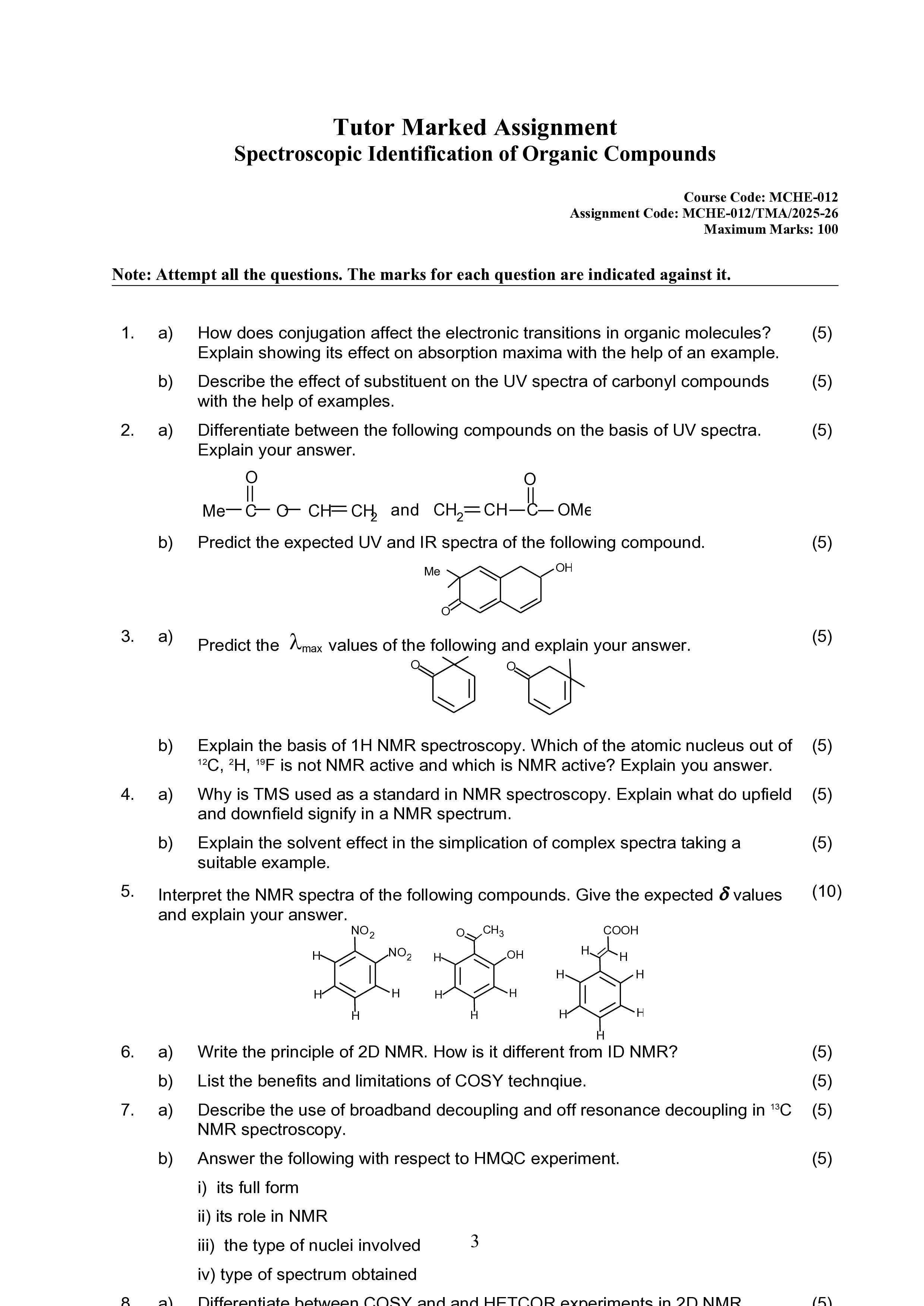 IGNOU MCHE 012 Solved Assignment 2025-2026 – Spectroscopic Study of Organic Compounds (English) | IGNOU Students Portal