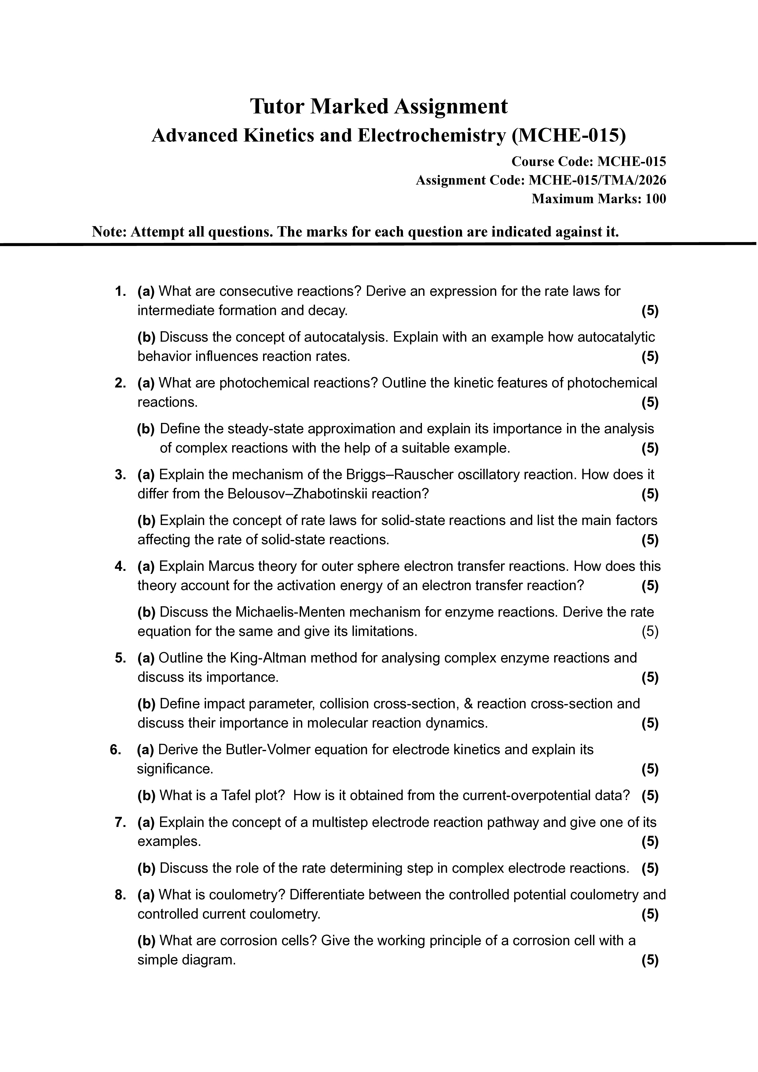 IGNOU MCHE 015 Solved Assignment 2025-2026 – ADVANCED KINETICS AND ELECTROCHEMISTRY (English) | IGNOU Students Portal