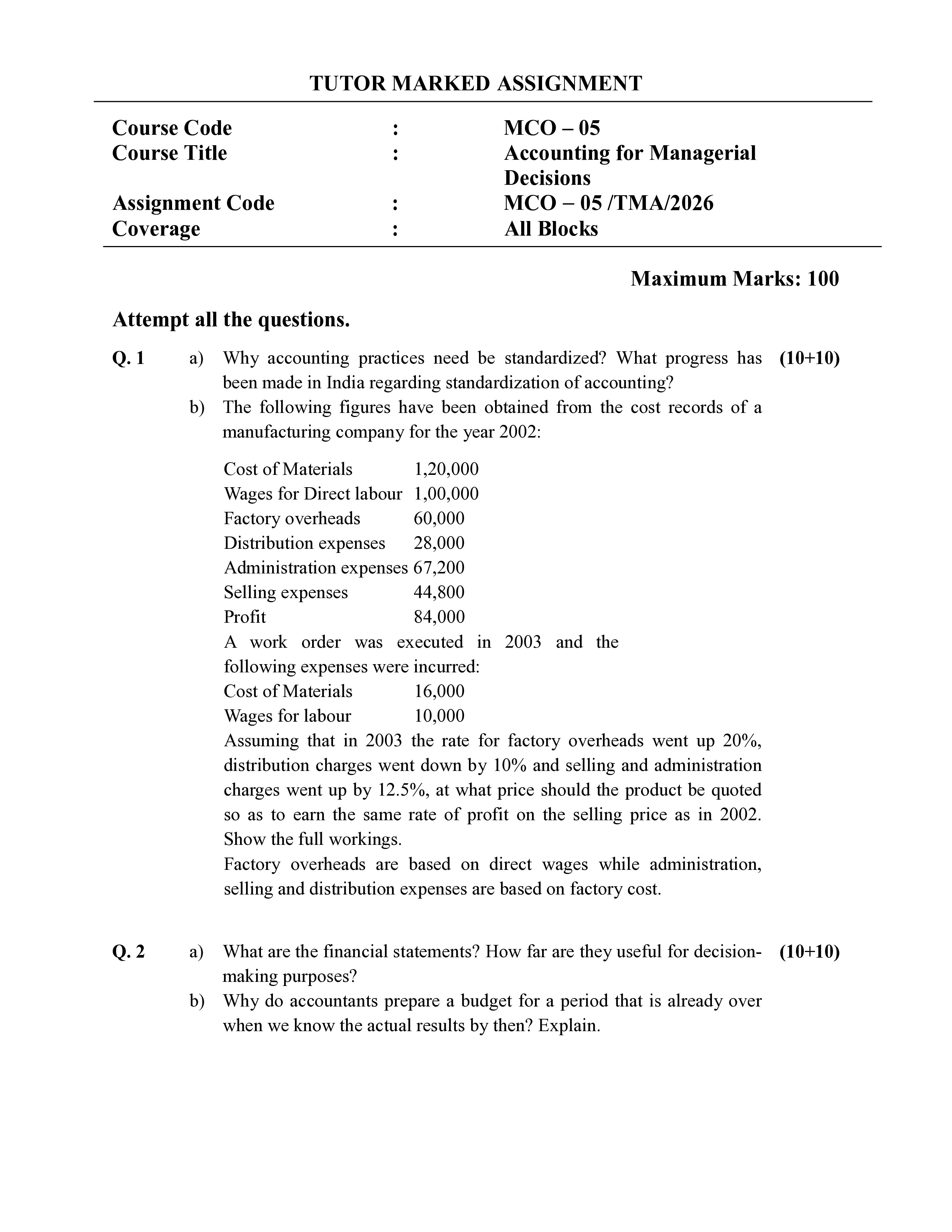 IGNOU MCO 005 Solved Assignment 2026-26 – Accounting for Managerial Decisions (English) | IGNOU Students Portal