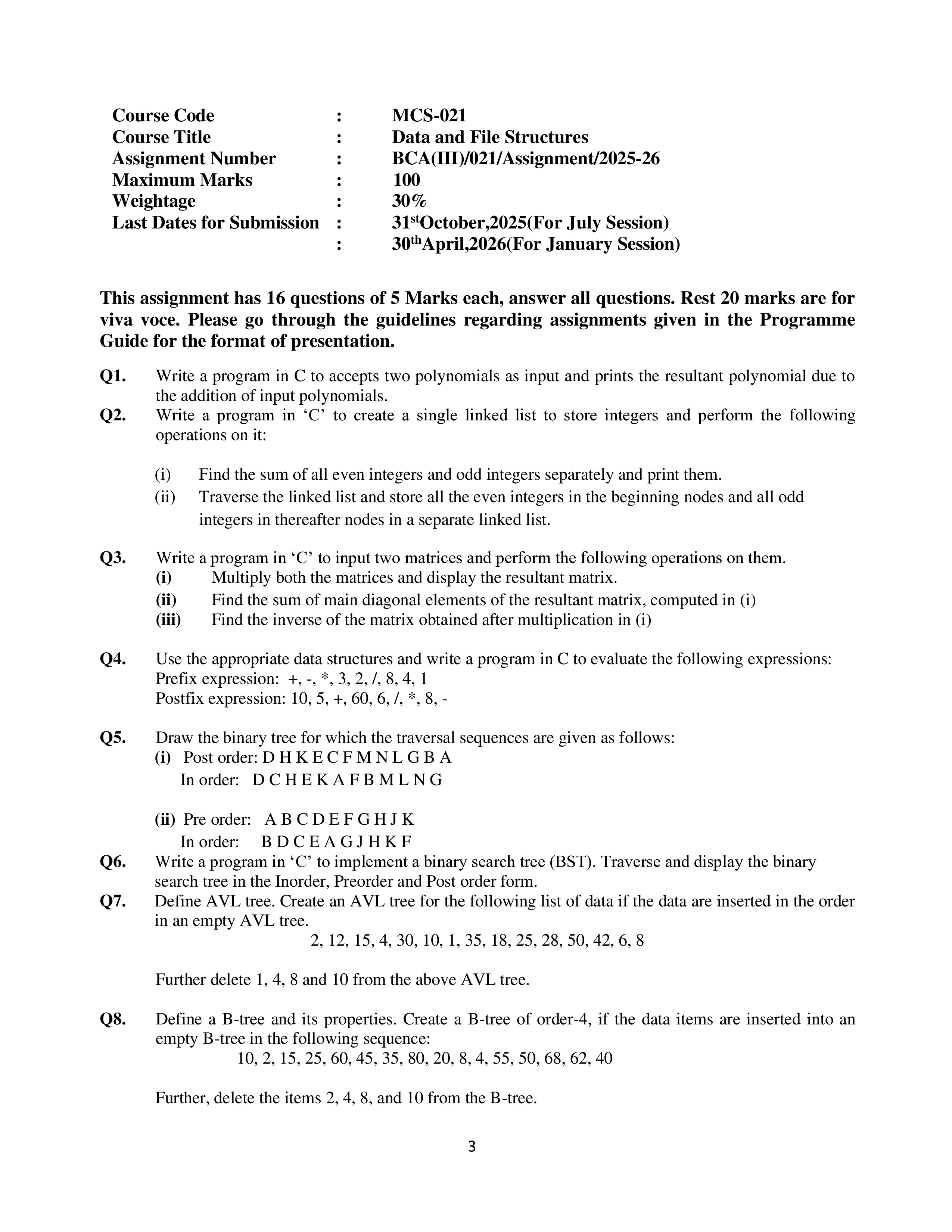 IGNOU MCS 021 Solved Assignment 2025-2026 – Data and File Structures (English) | IGNOU Students Portal