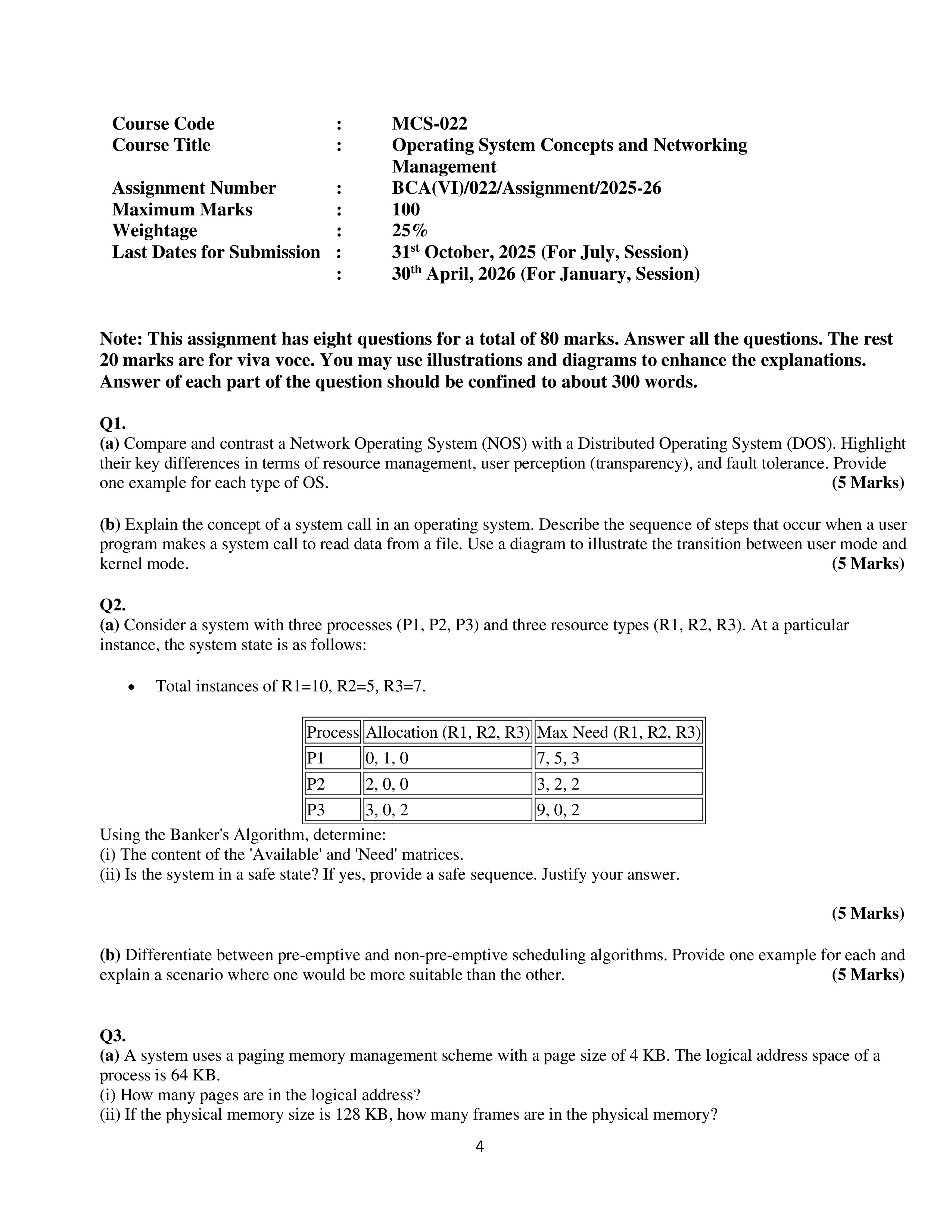 IGNOU MCS 022 Solved Assignment 2025-2026 – Operating System Concepts and Networking Management (English) | IGNOU Students Portal