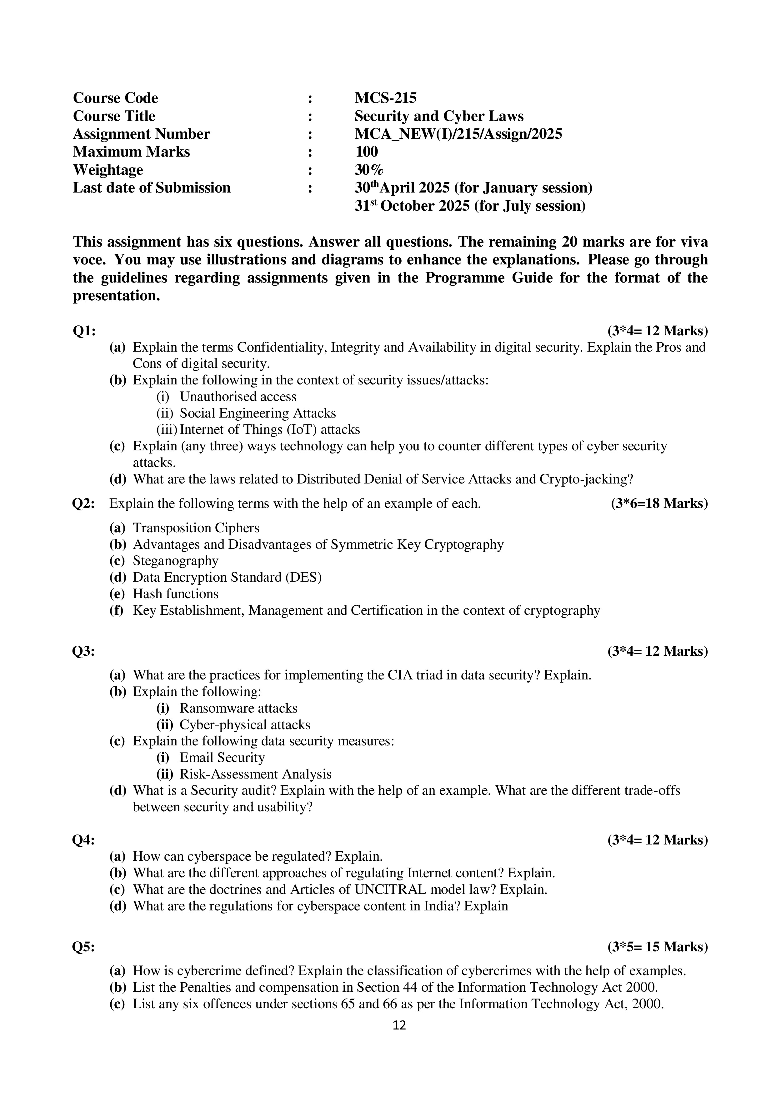 IGNOU MCS 215 Solved Assignment 2025-25 – Security and Cyber Laws (English) | IGNOU Students Portal