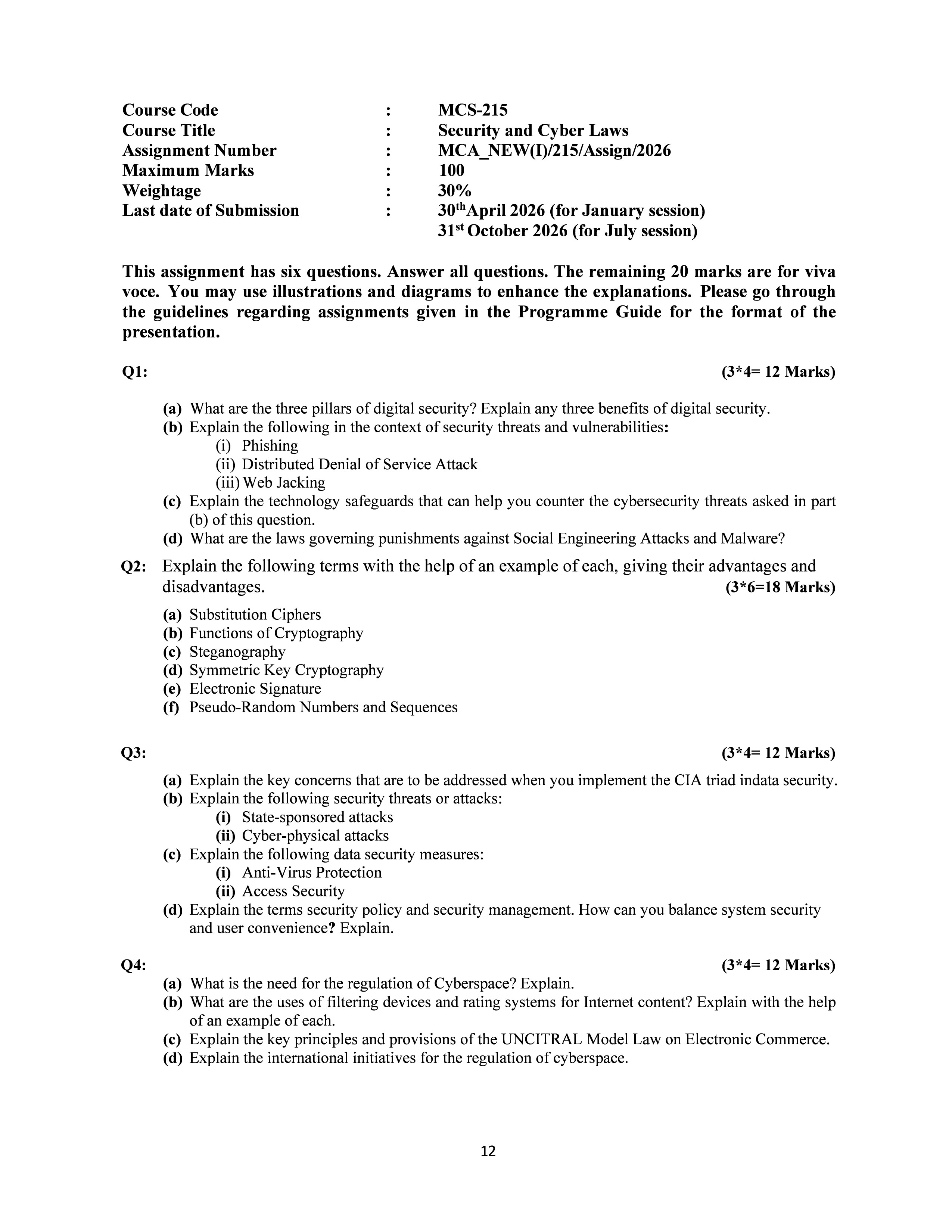 IGNOU MCS 215 Solved Assignment 2026-26 – Security and Cyber Laws (English) | IGNOU Students Portal