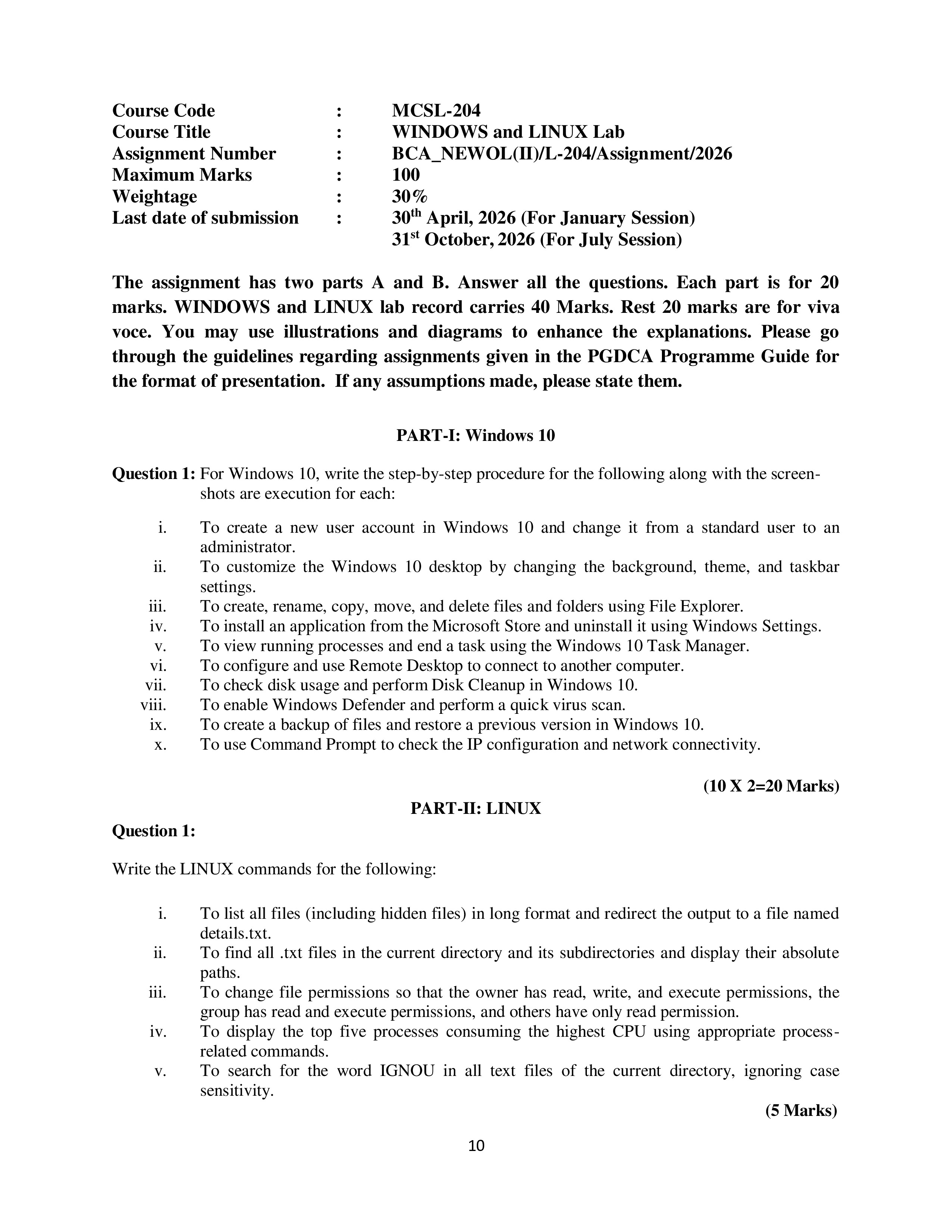IGNOU MCSL 204 Solved Assignment 2026-26 – Windows and Linux Lab (English) | IGNOU Students Portal