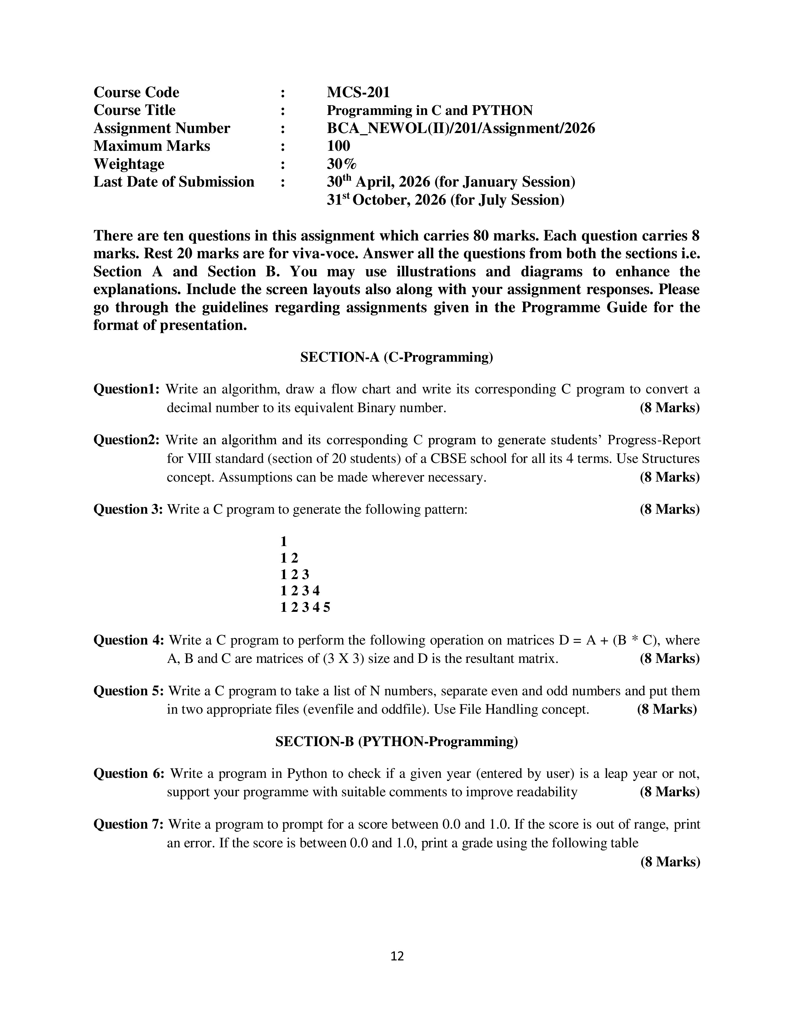 IGNOU MCSL 205 Solved Assignment 2026-26 – C and Python Lab (English) | IGNOU Students Portal