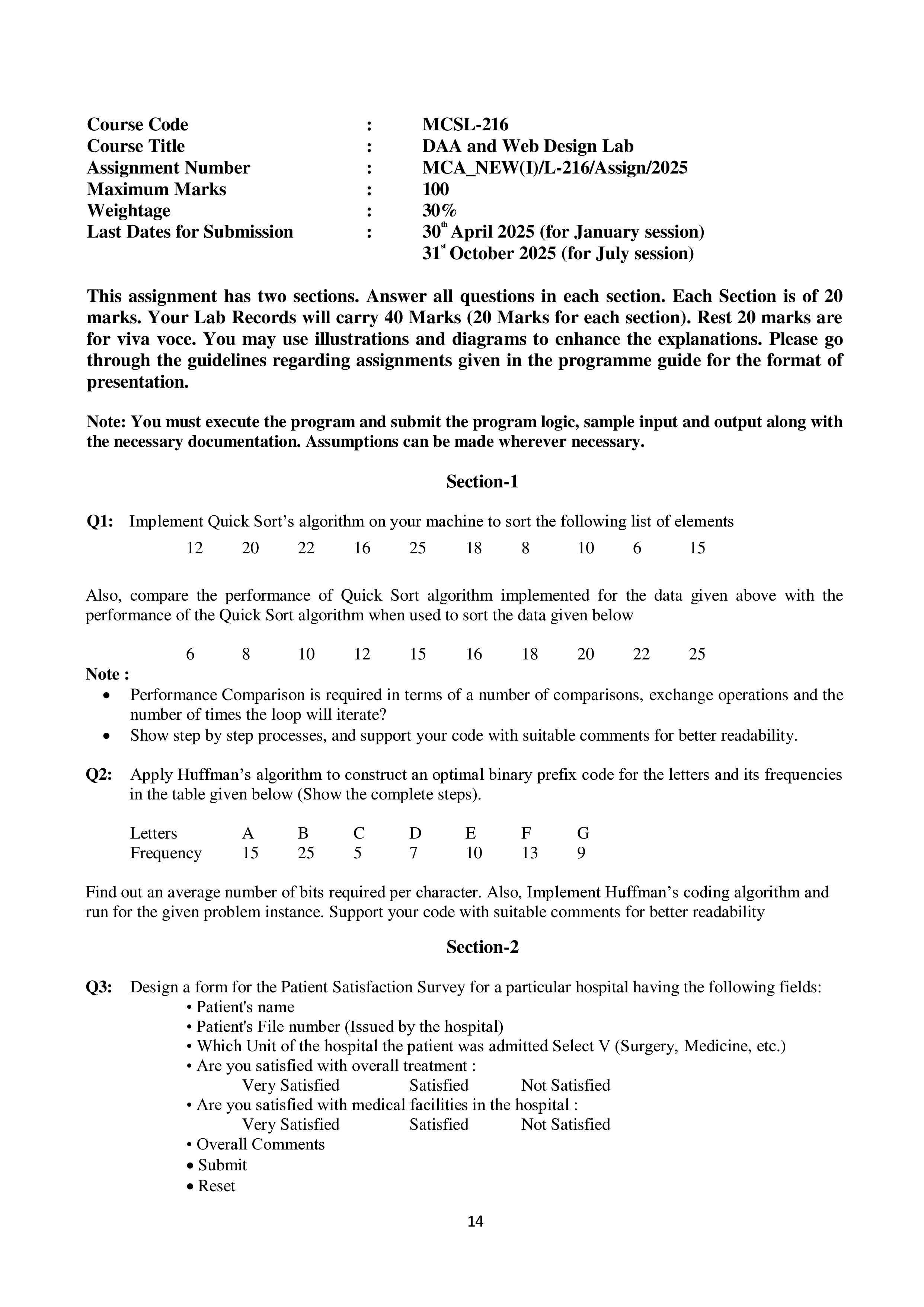 IGNOU MCSL 216 Solved Assignment 2025-25 – DAA and Web Design Lab (English) | IGNOU Students Portal