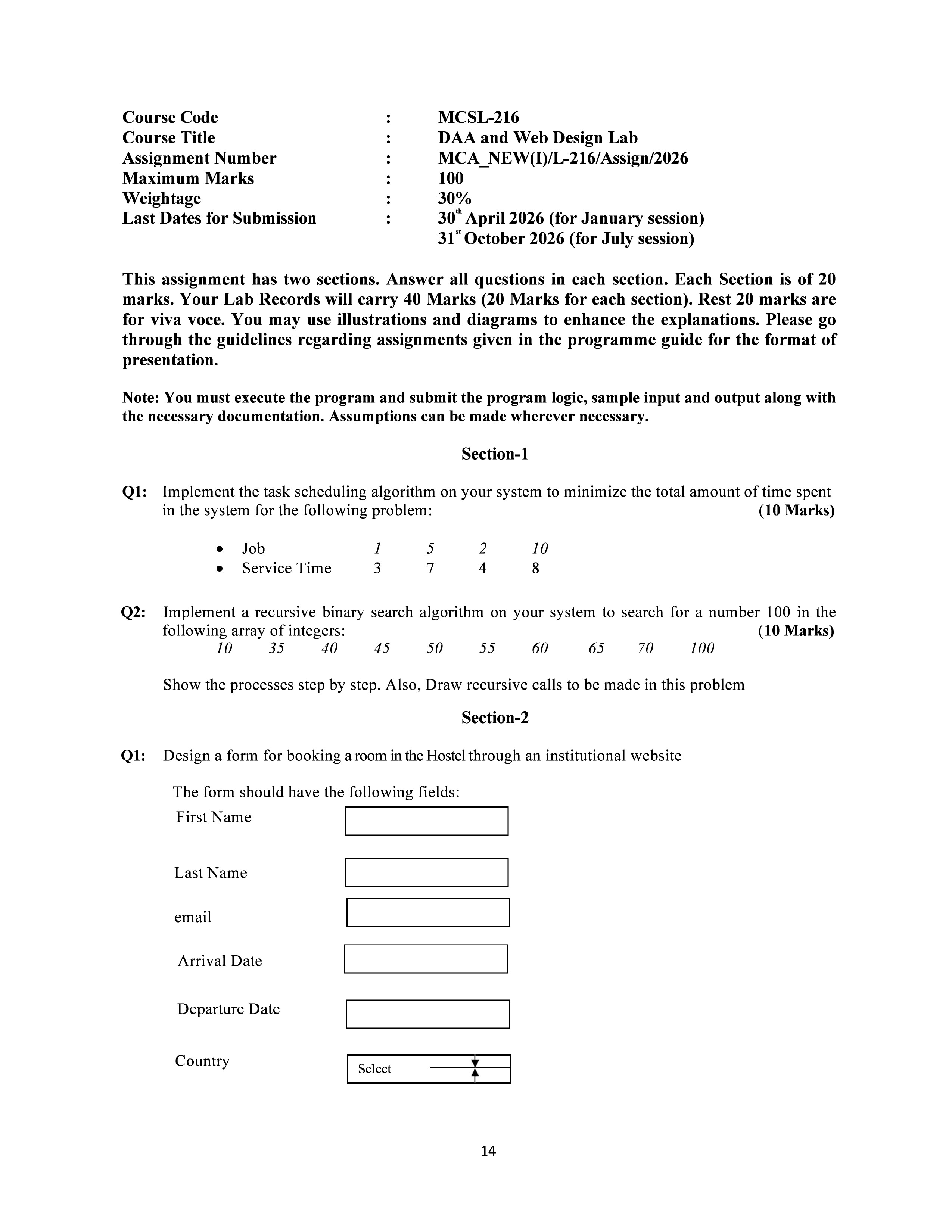 IGNOU MCSL 216 Solved Assignment 2026-26 – DAA and Web Design Lab (English) | IGNOU Students Portal