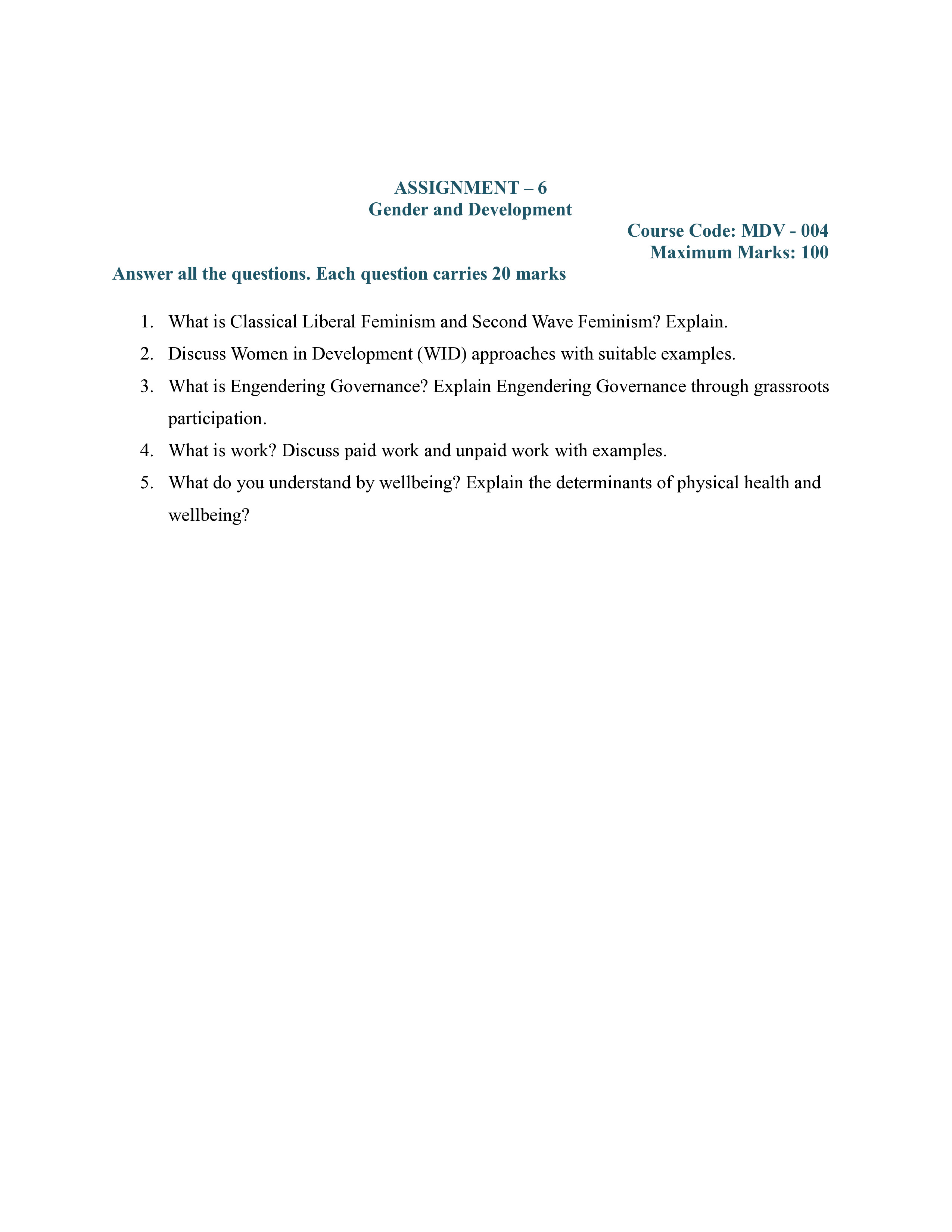 IGNOU MDV 004 Solved Assignment 2025-2026 – Gender and Development (English) | IGNOU Students Portal
