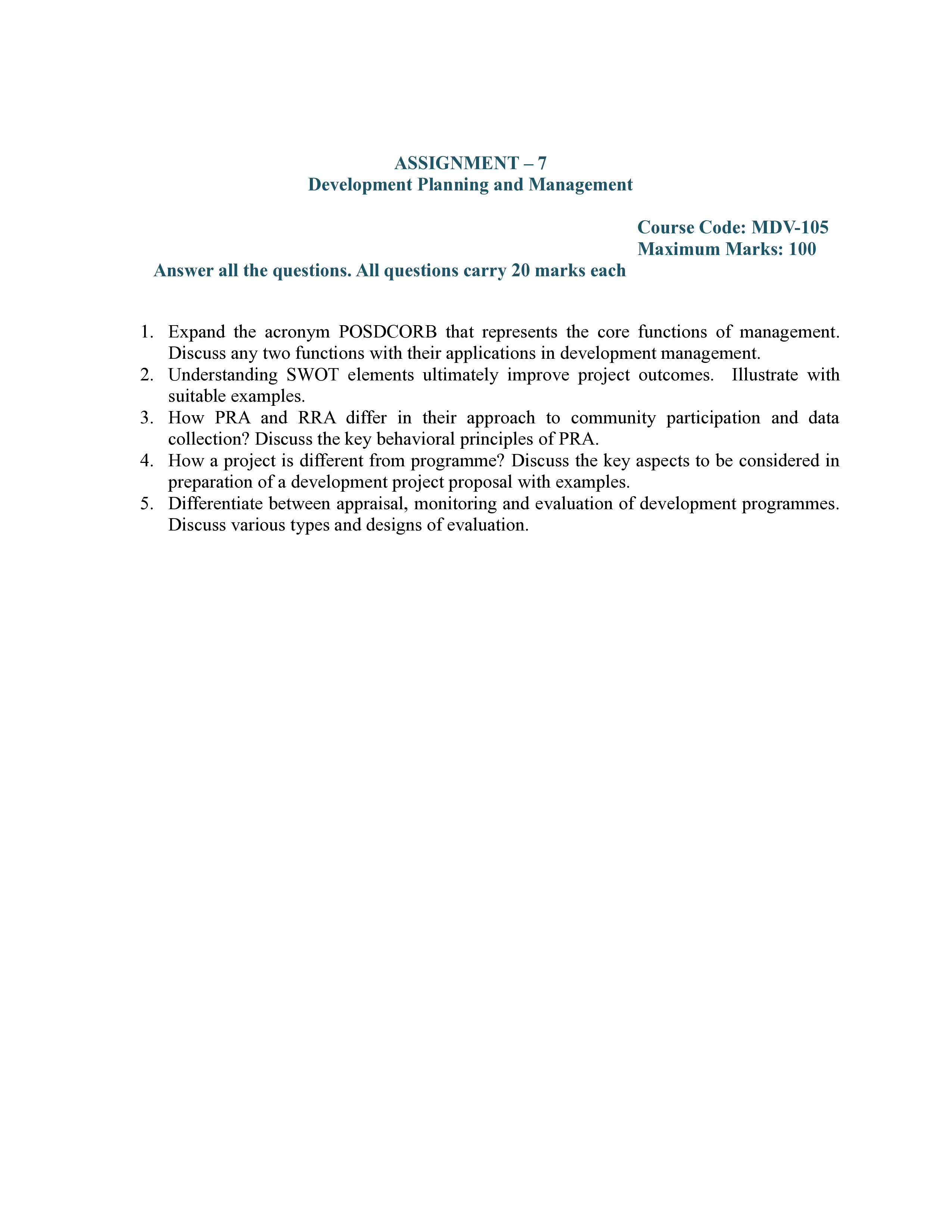 IGNOU MDV 105 Solved Assignment 2025-2026 – Development Planning and Management (English) | IGNOU Students Portal