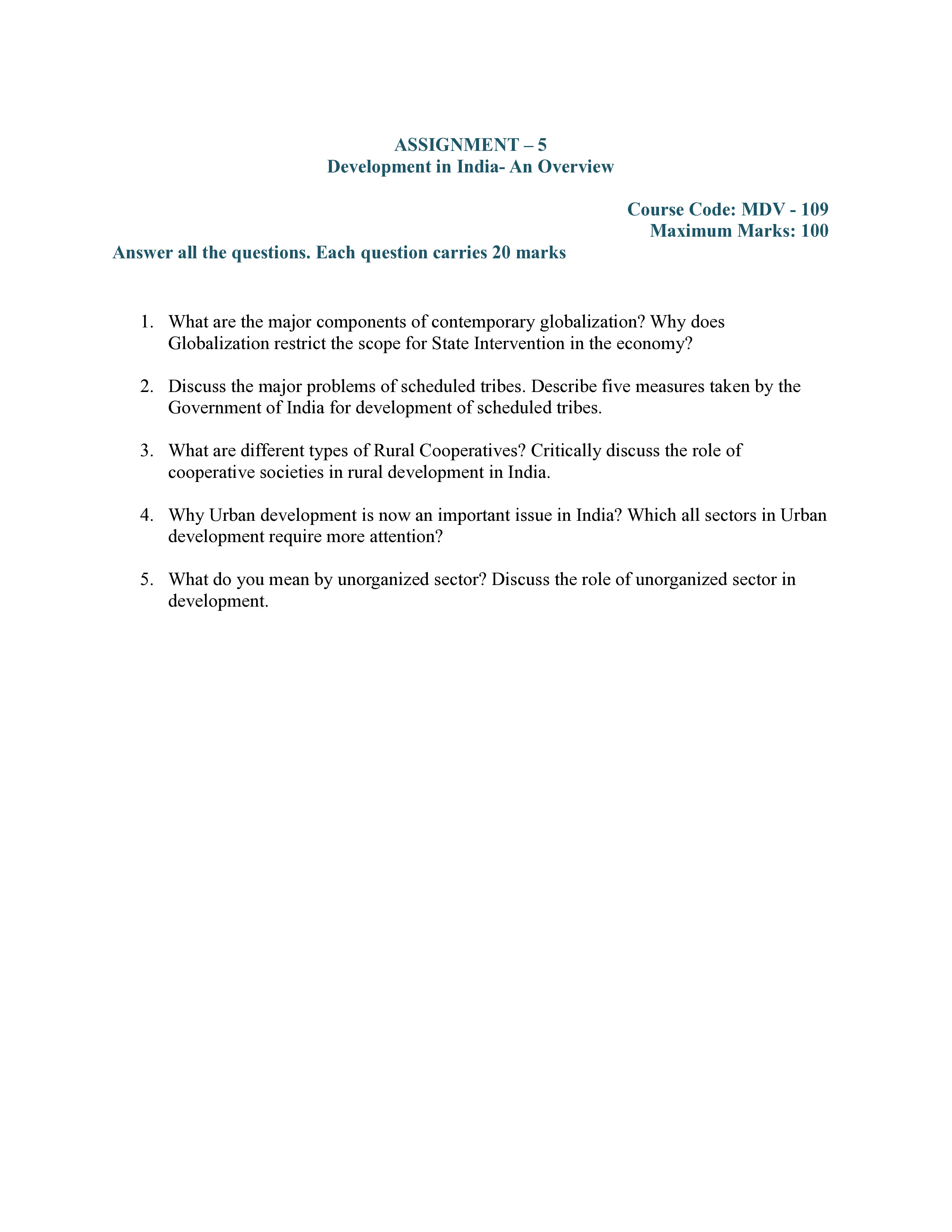 IGNOU MDV 109 Solved Assignment 2025-2026 – Development in India An Overview (English) | IGNOU Students Portal