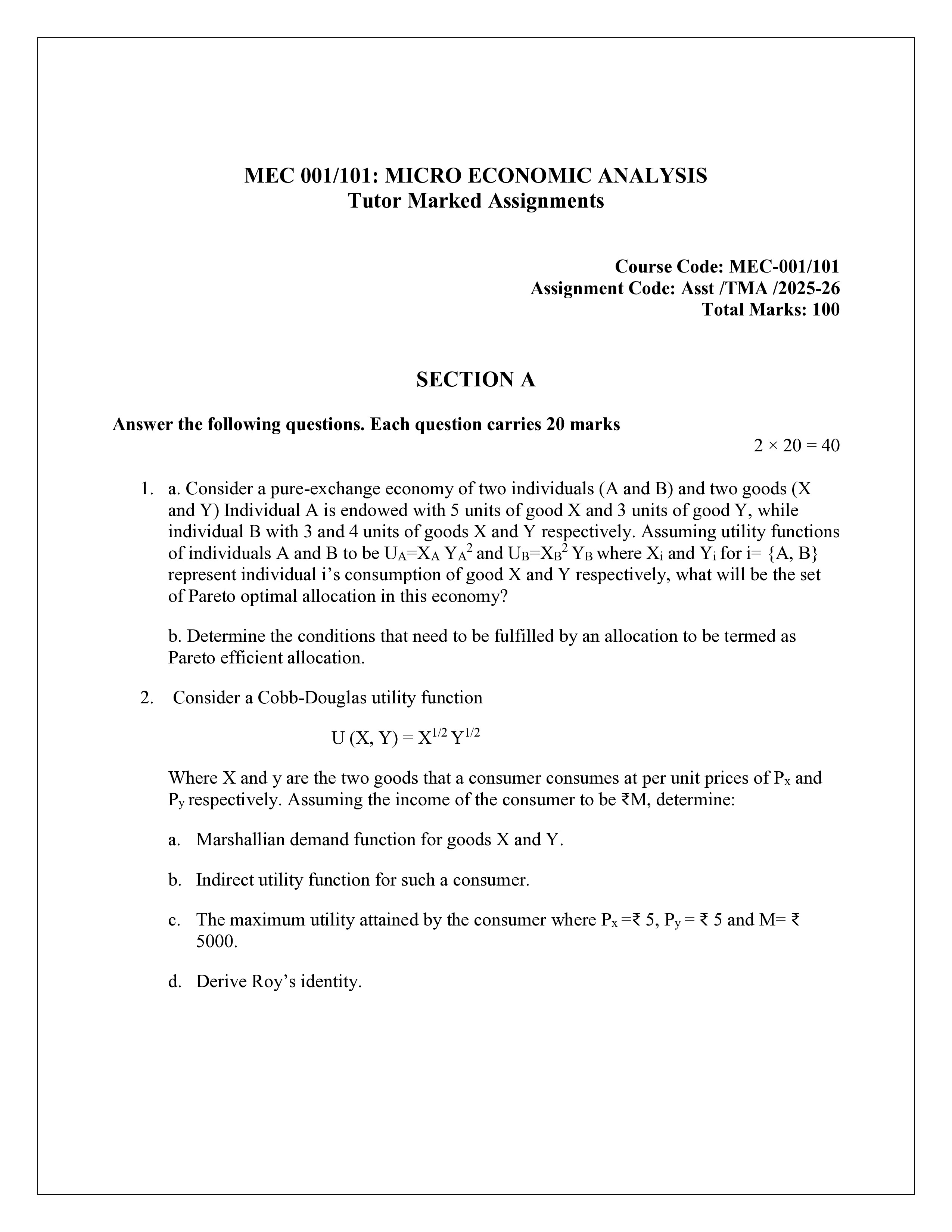IGNOU MEC 001 Solved Assignment 2025-2026 – Micro Economic Analysis (English) | IGNOU Students Portal