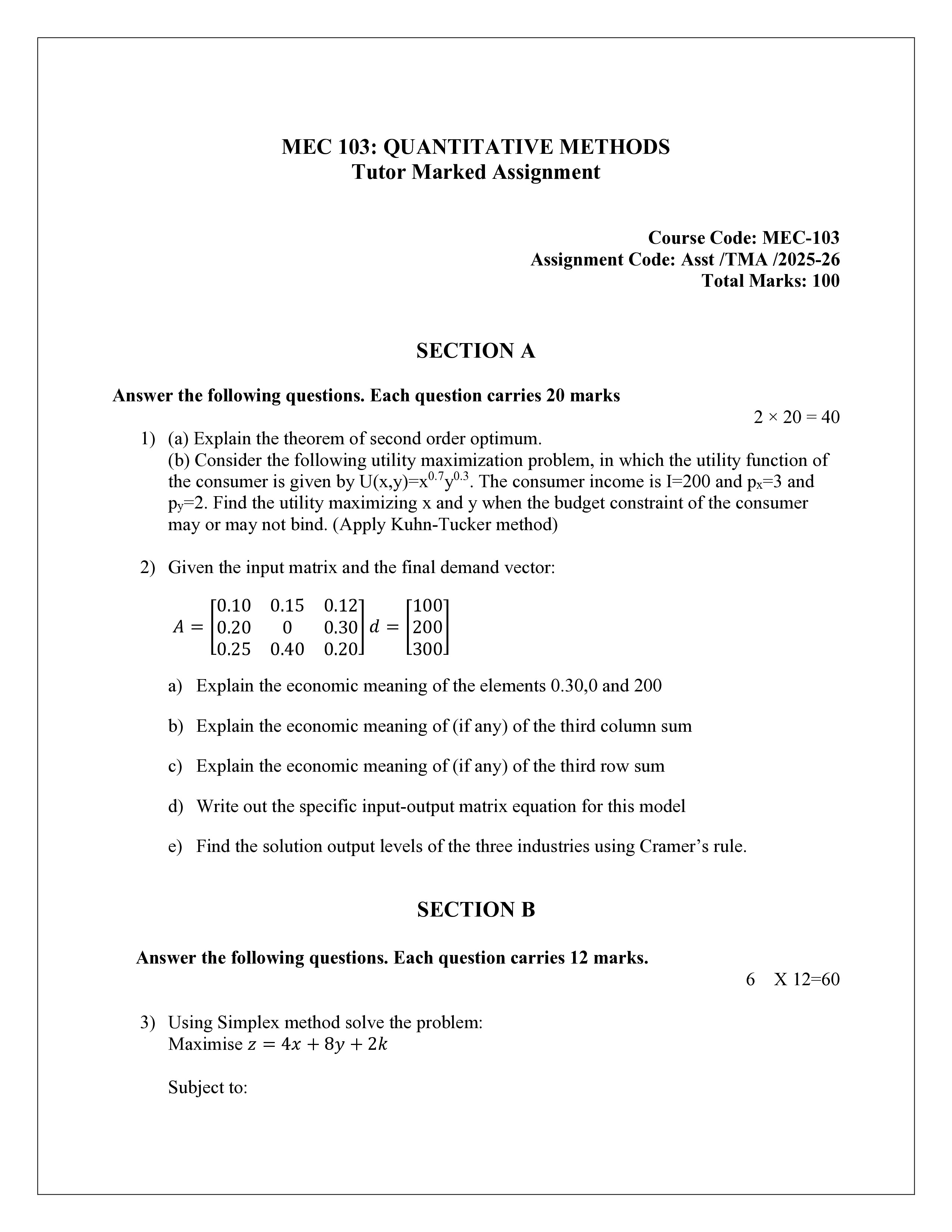 IGNOU MEC 103 Solved Assignment 2025-2026 – Quantitative Methods (English) | IGNOU Students Portal