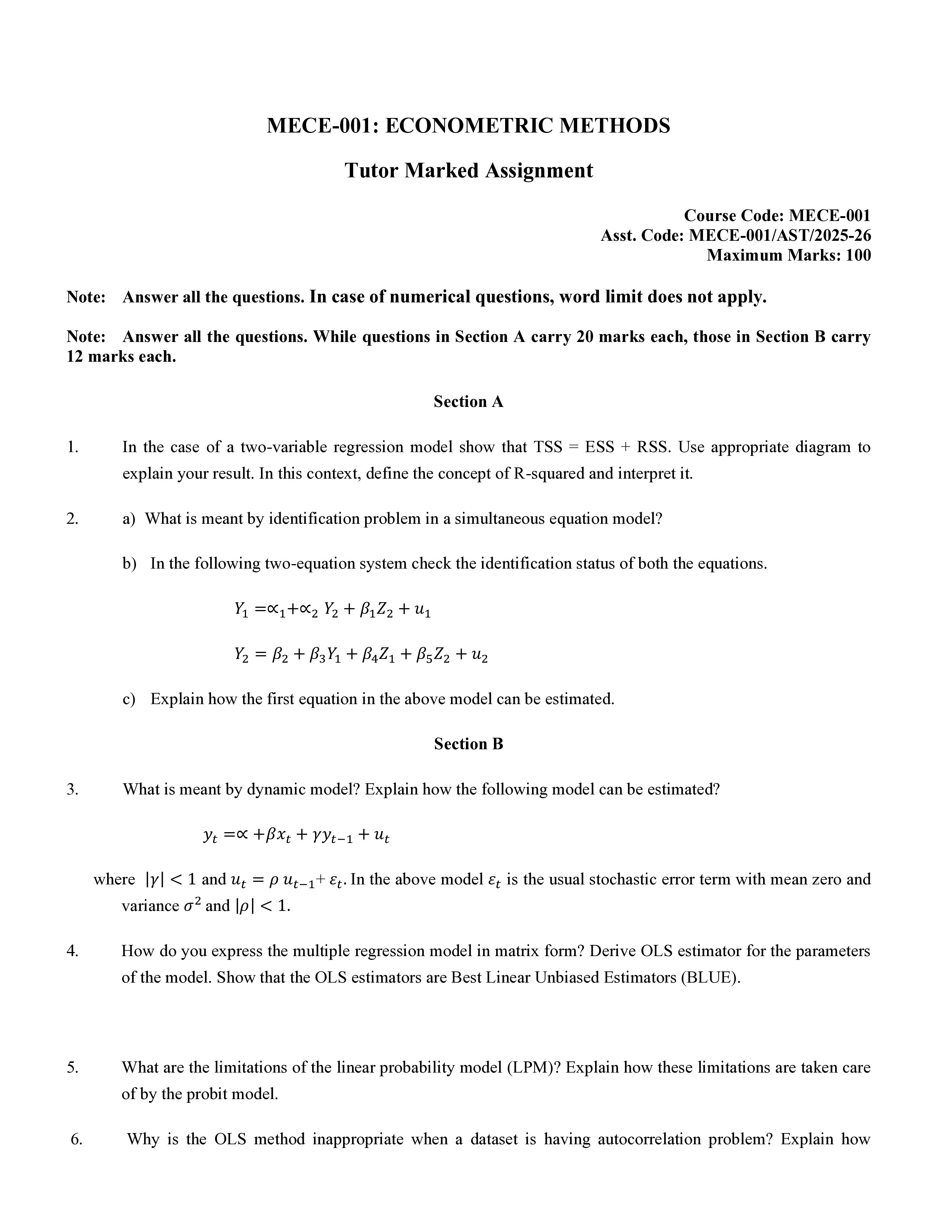 IGNOU MECE 001 Solved Assignment 2025-2026 – Econometric Methods (English) | IGNOU Students Portal