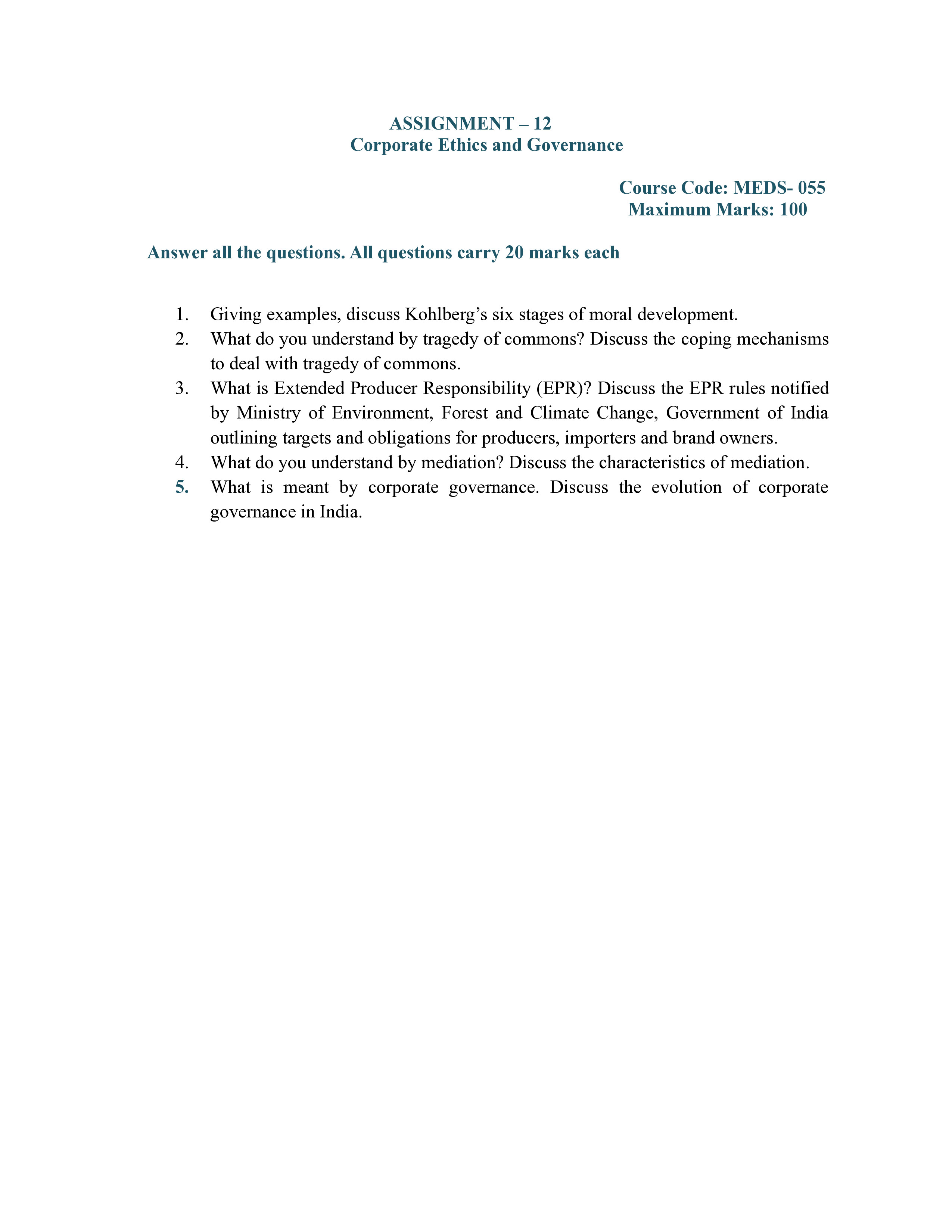 IGNOU MEDS 055 Solved Assignment 2025-2026 – Corporate Ethics and Governance (English) | IGNOU Students Portal
