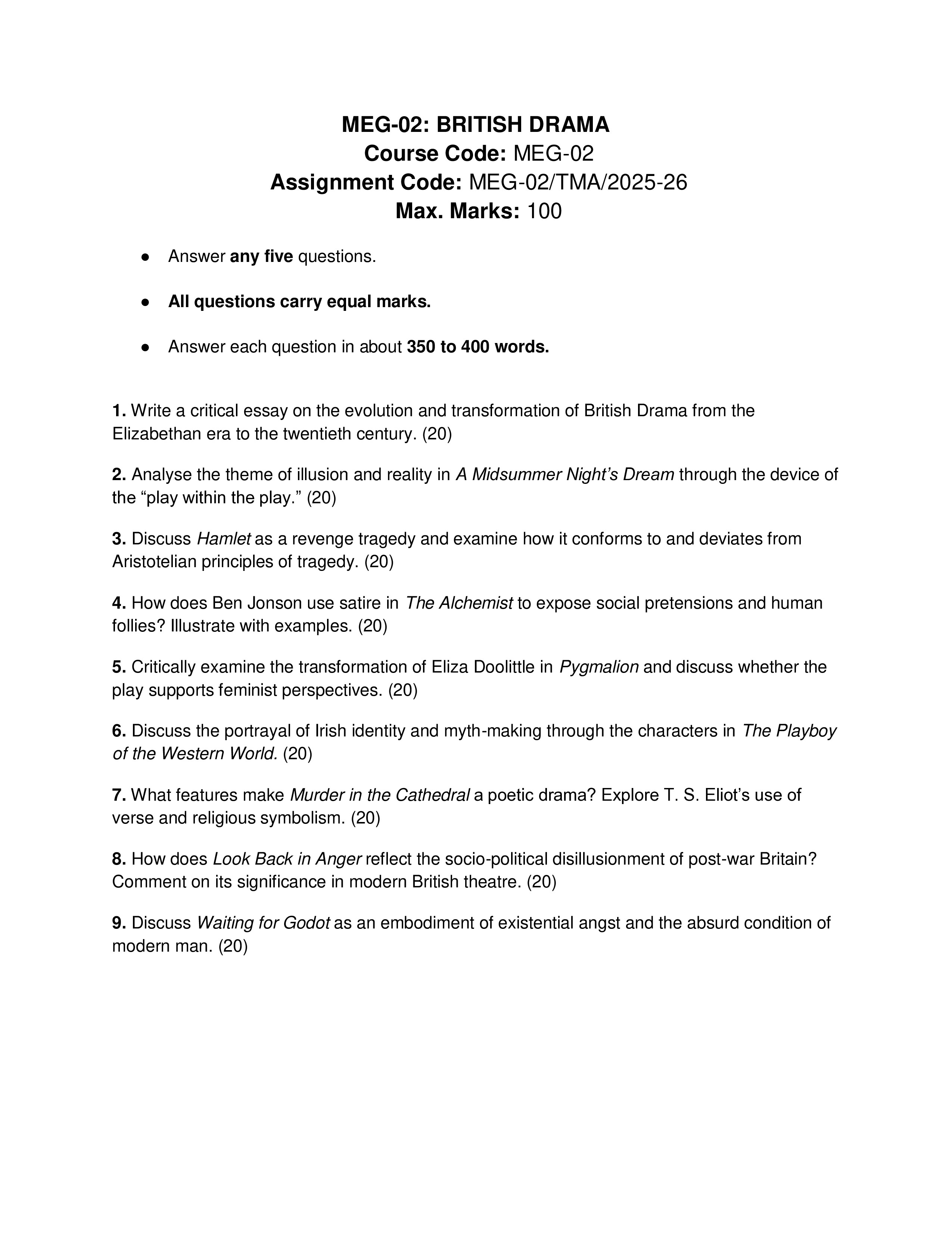 IGNOU MEG 002 Solved Assignment 2025-2026 – British Drama (English) | IGNOU Students Portal