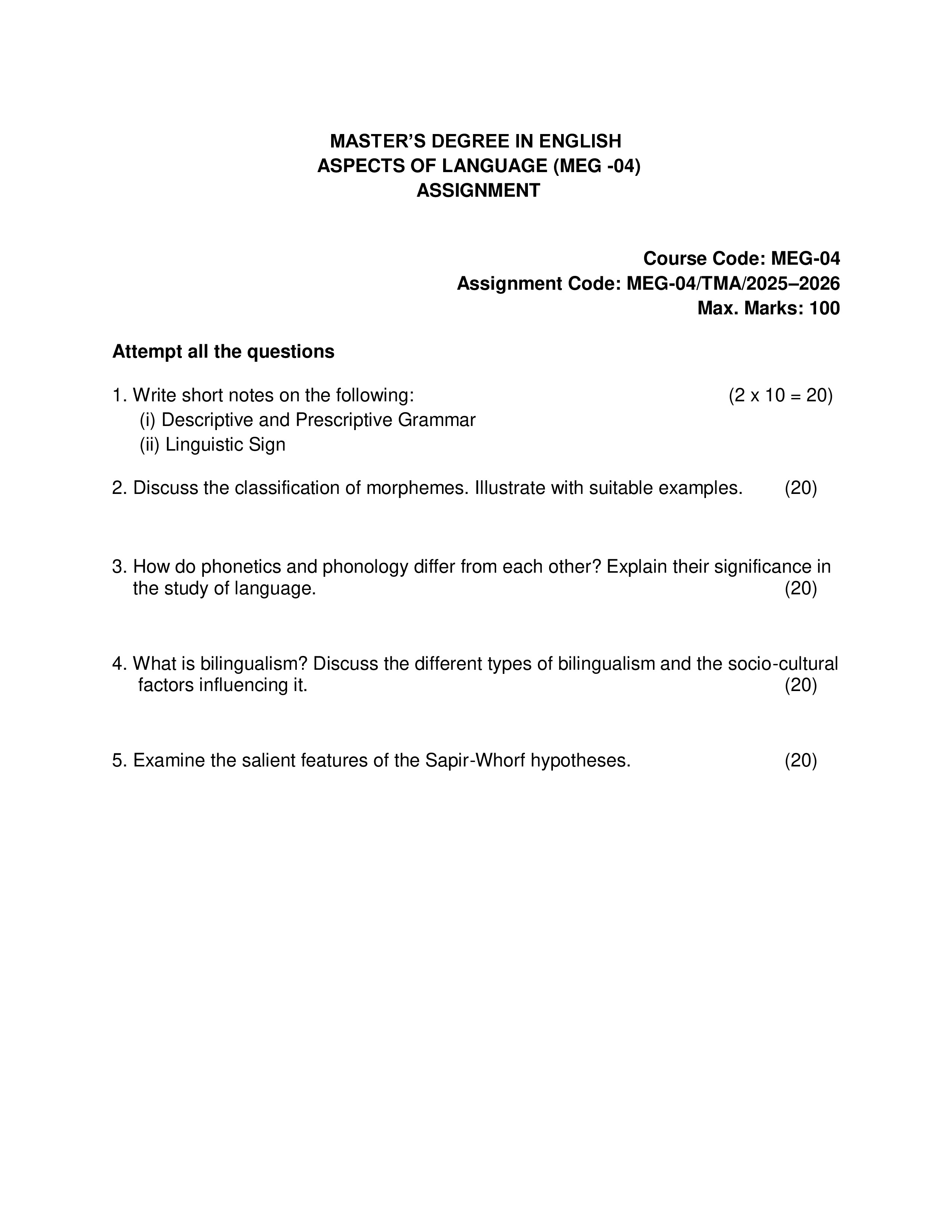 IGNOU MEG 004 Solved Assignment 2025-2026 – Aspects of Language (English) | IGNOU Students Portal