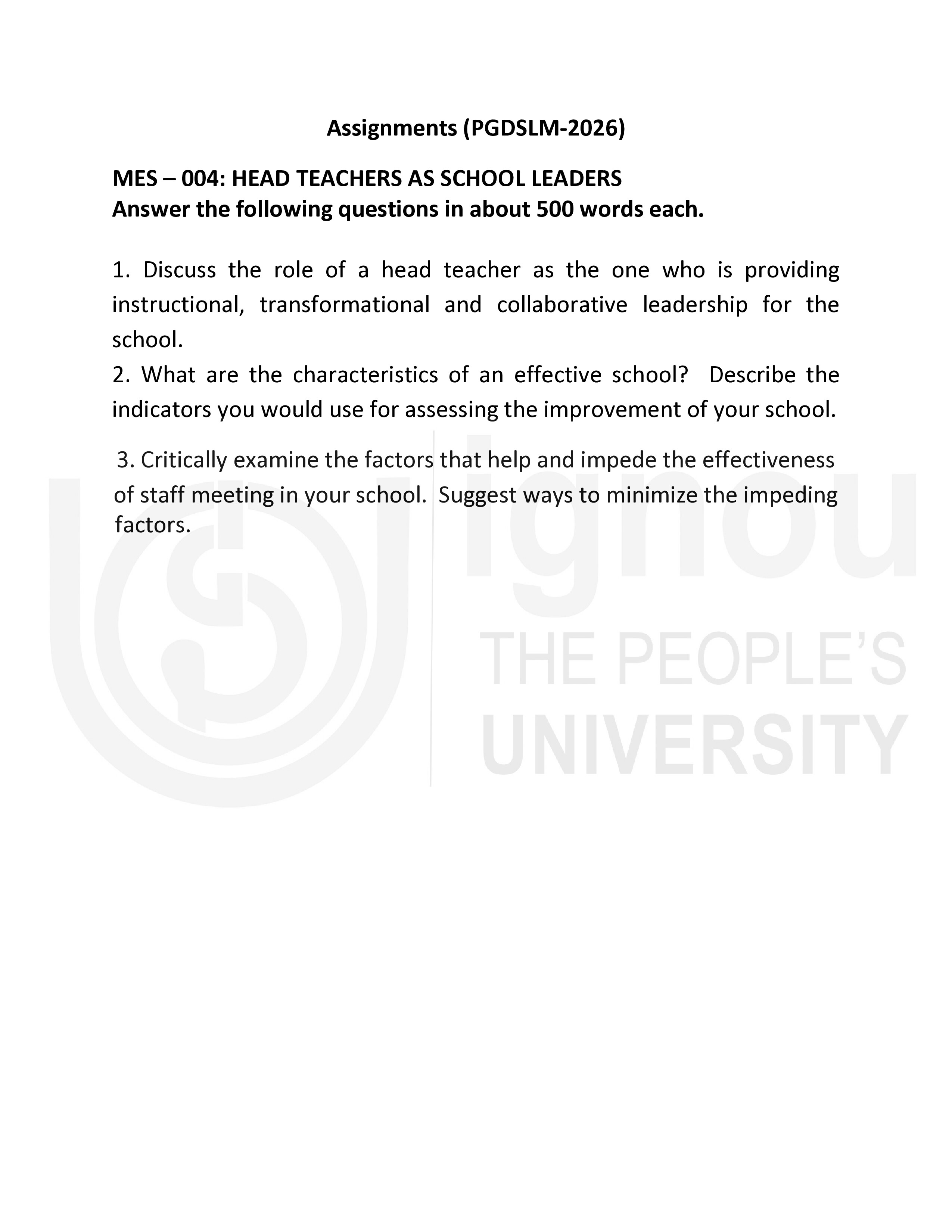 IGNOU MES 004 Solved Assignment 2026-26 – Head Teachers as School Leaders (English) | IGNOU Students Portal