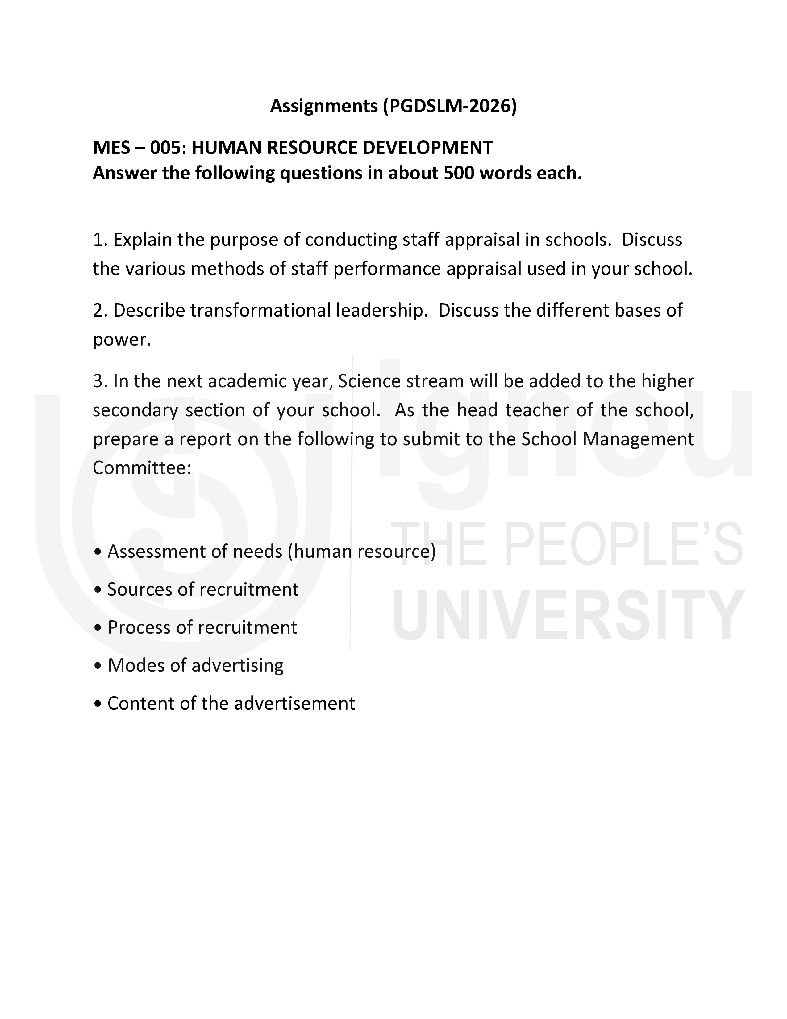 IGNOU MES 005 Solved Assignment 2026-26 – Human Resource Development (English) | IGNOU Students Portal