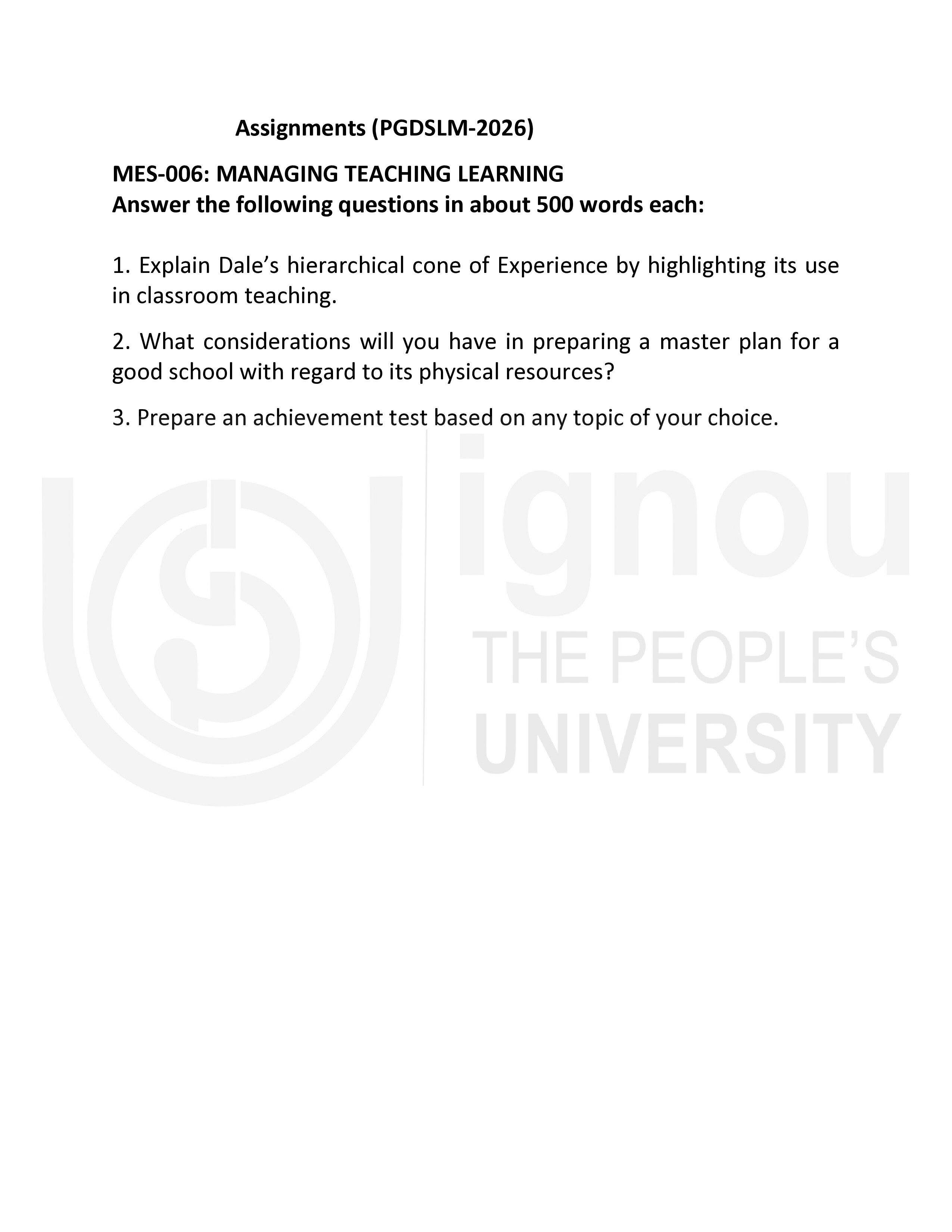 IGNOU MES 006 Solved Assignment 2026-26 – Managing Teaching Learning (English) | IGNOU Students Portal