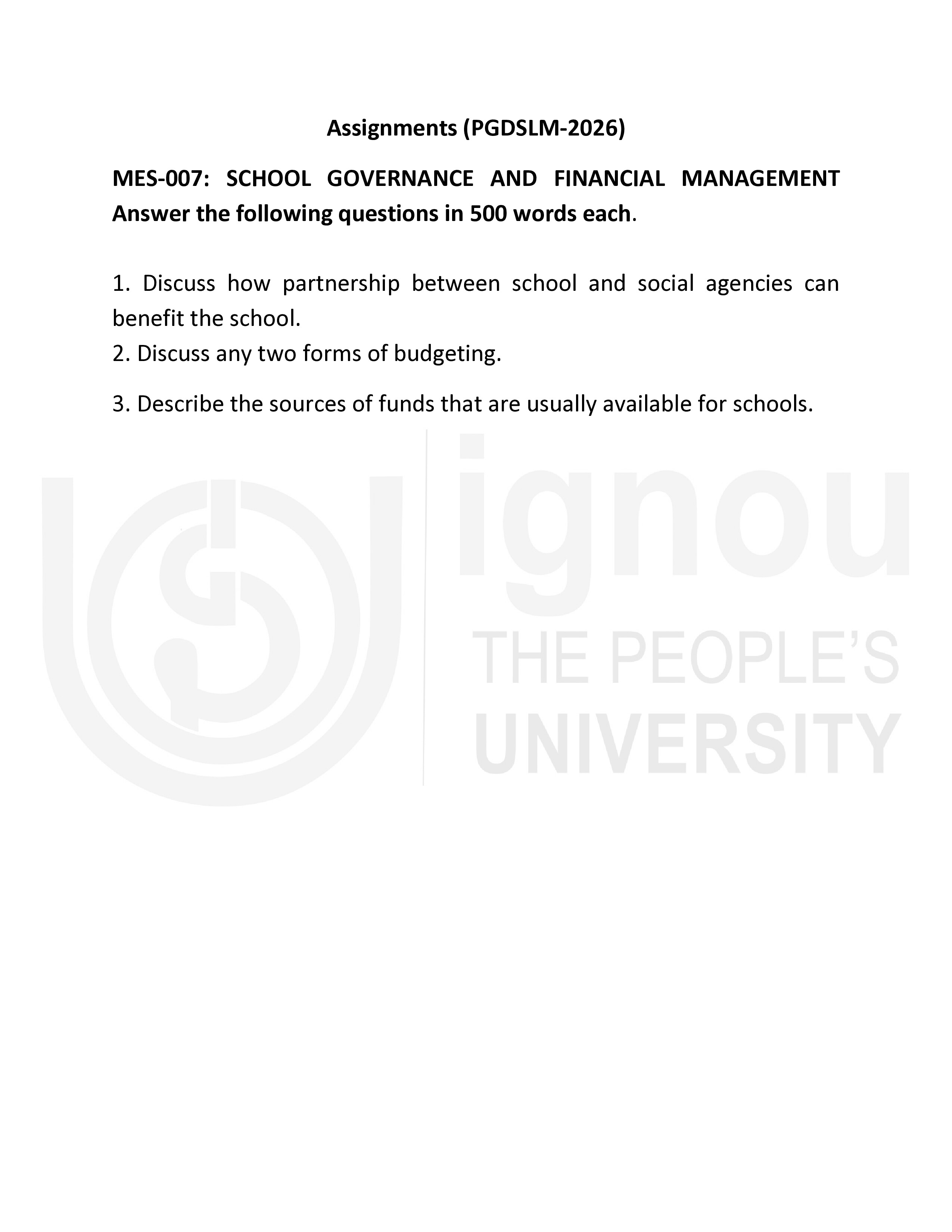 IGNOU MES 007 Solved Assignment 2026-26 – School Governance and Financial Management (English) | IGNOU Students Portal