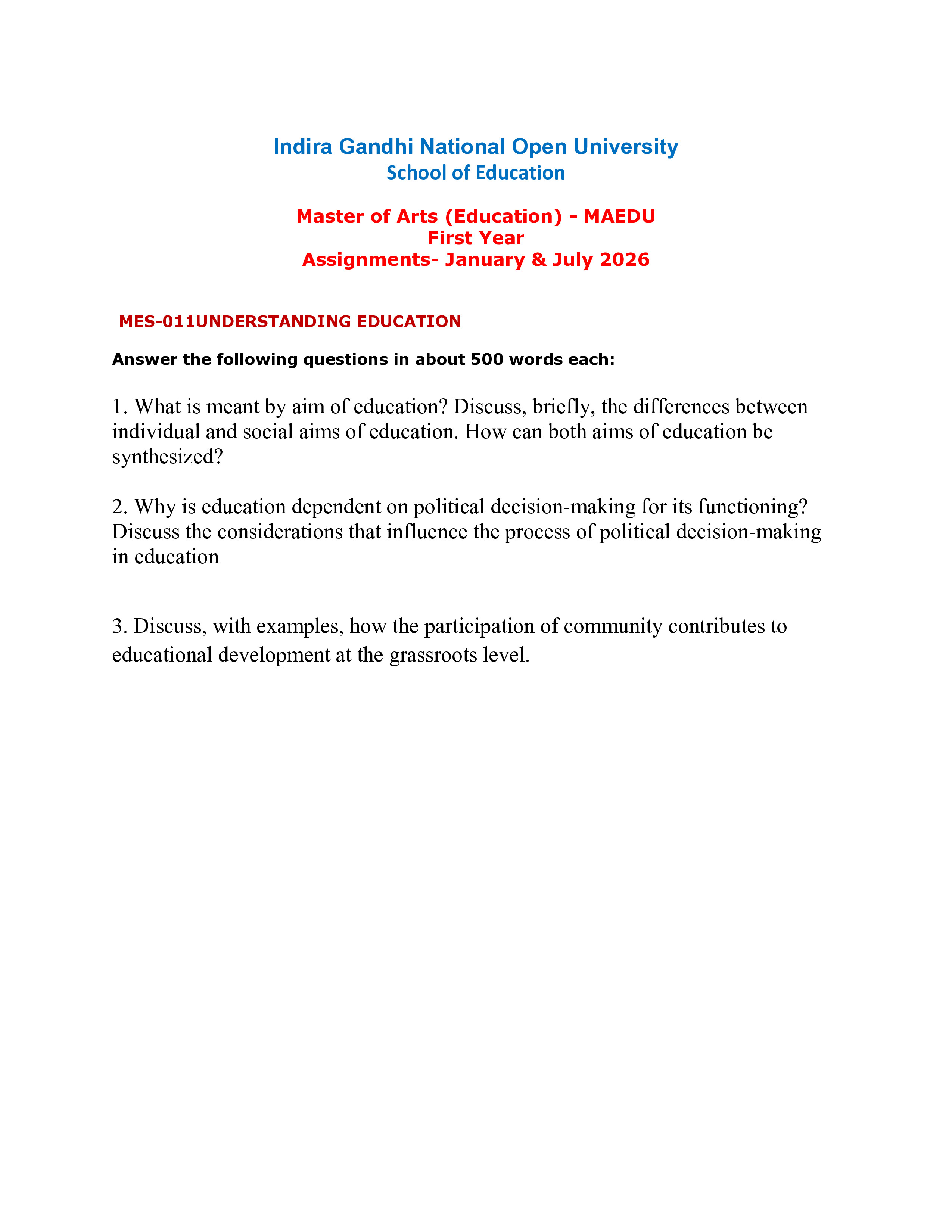 IGNOU MES 011 Solved Assignment 2026-26 – Understanding Education (English) | IGNOU Students Portal