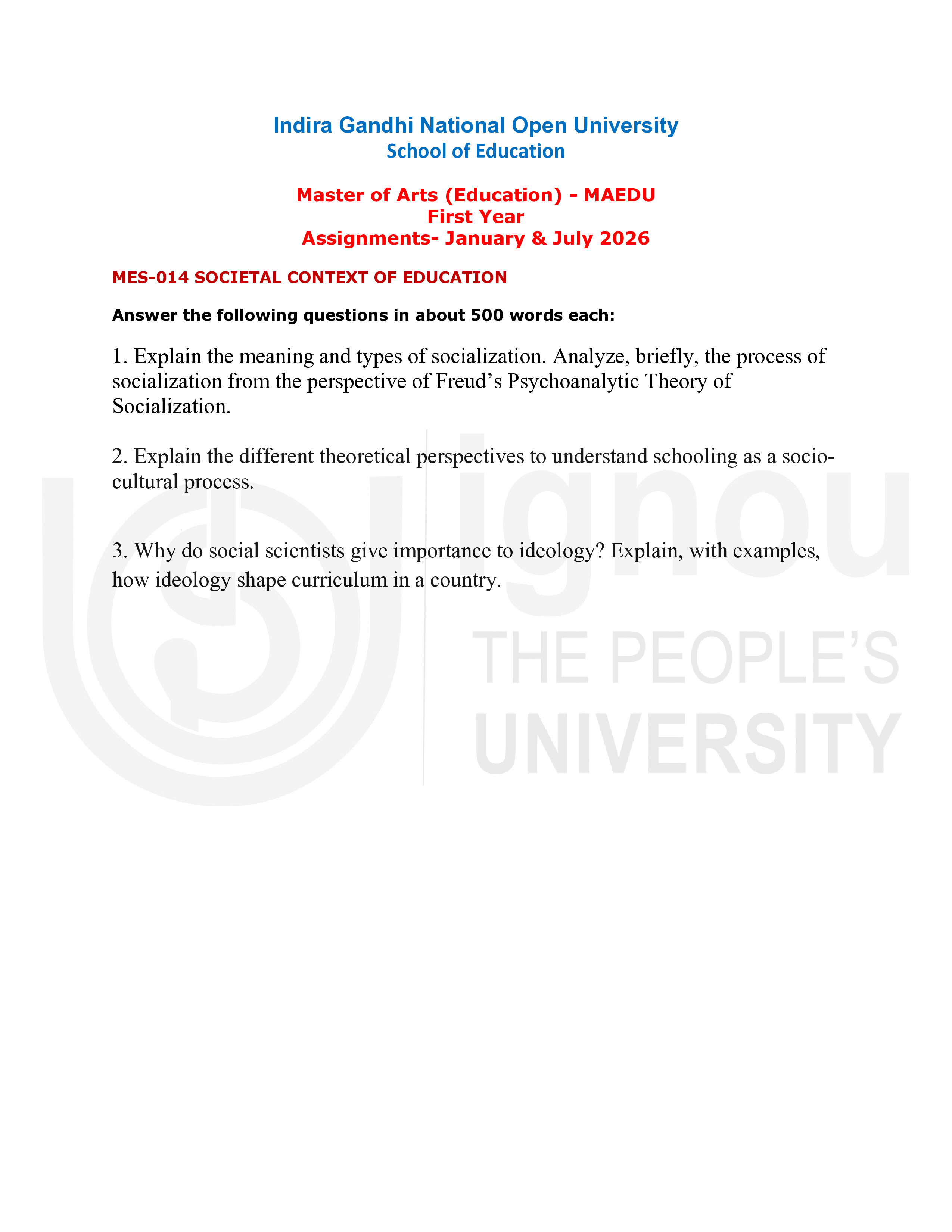 IGNOU MES 014 Solved Assignment 2026-26 – Societal Context of Education (English) | IGNOU Students Portal