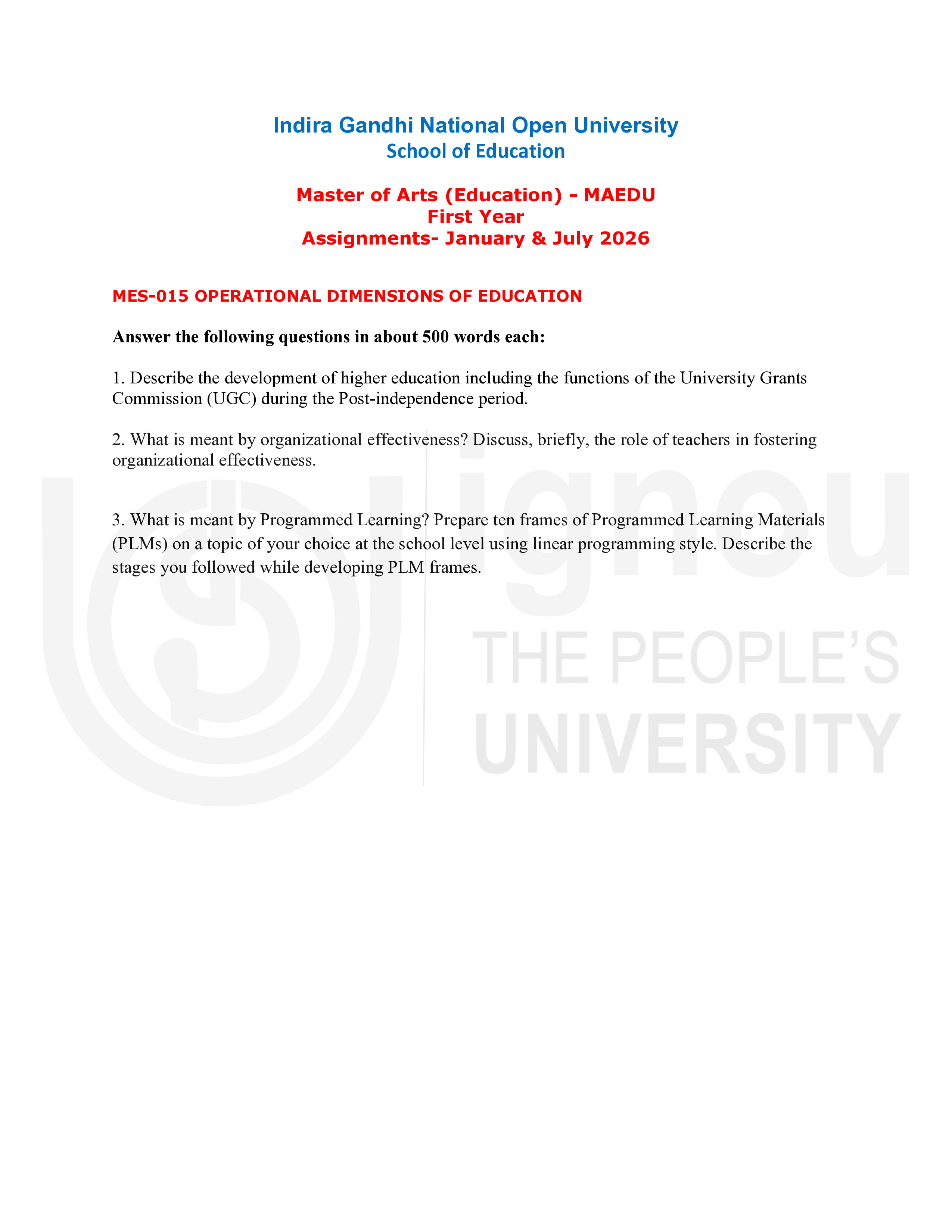 IGNOU MES 015 Solved Assignment 2026-26 – Operational Dimensions of Education (English) | IGNOU Students Portal