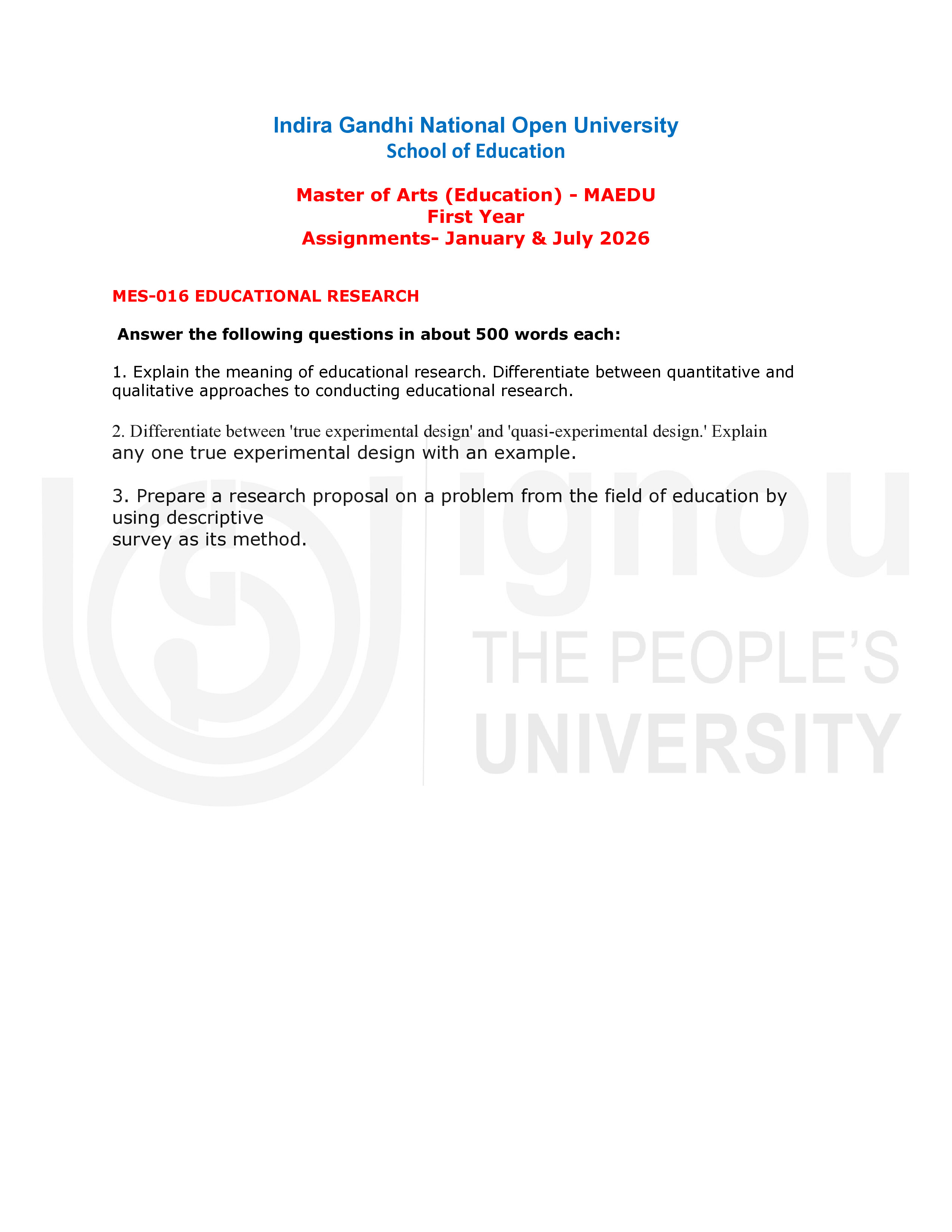 IGNOU MES 016 Solved Assignment 2026-26 – Educational Research (English) | IGNOU Students Portal