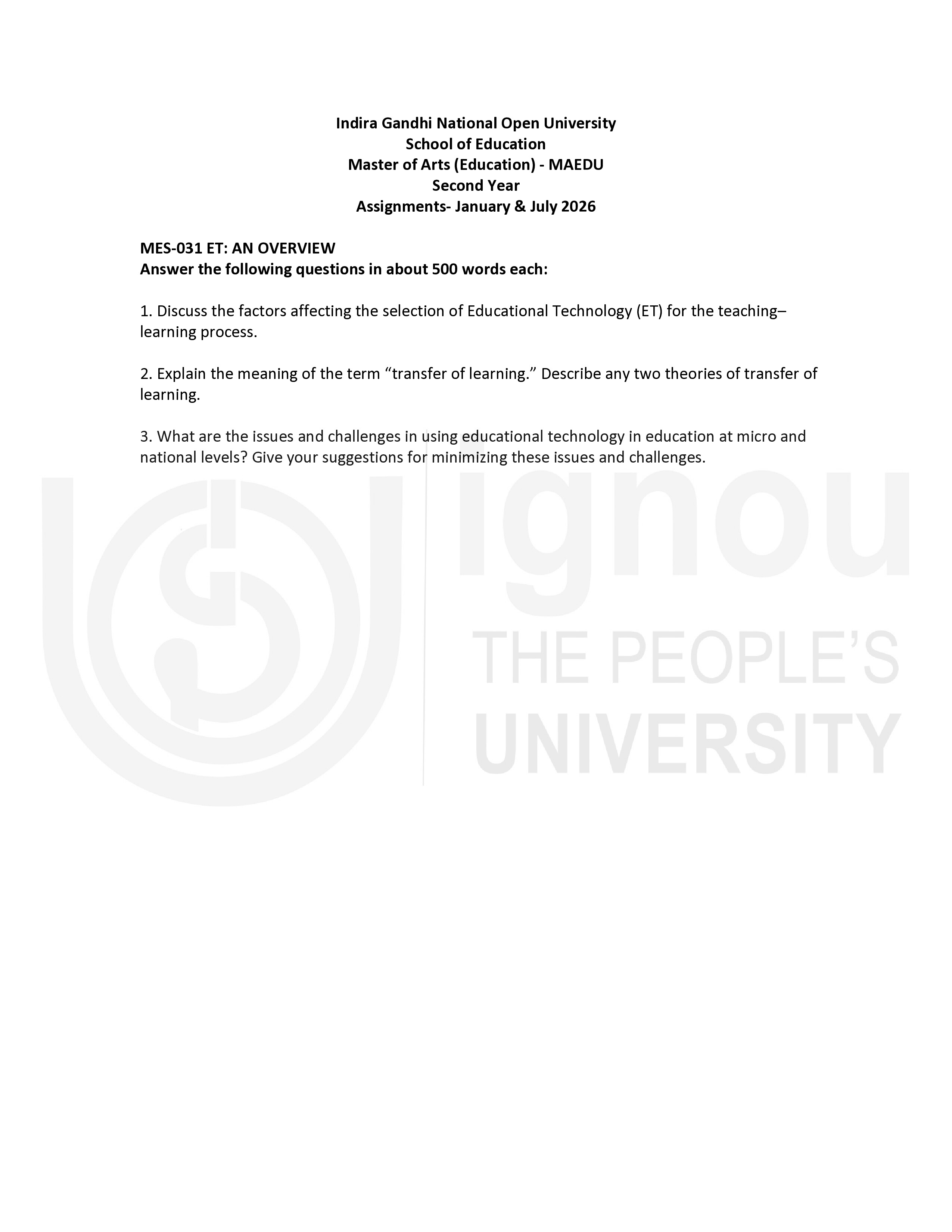 IGNOU MES 031 Solved Assignment 2026-26 – ET-An Overview (English) | IGNOU Students Portal