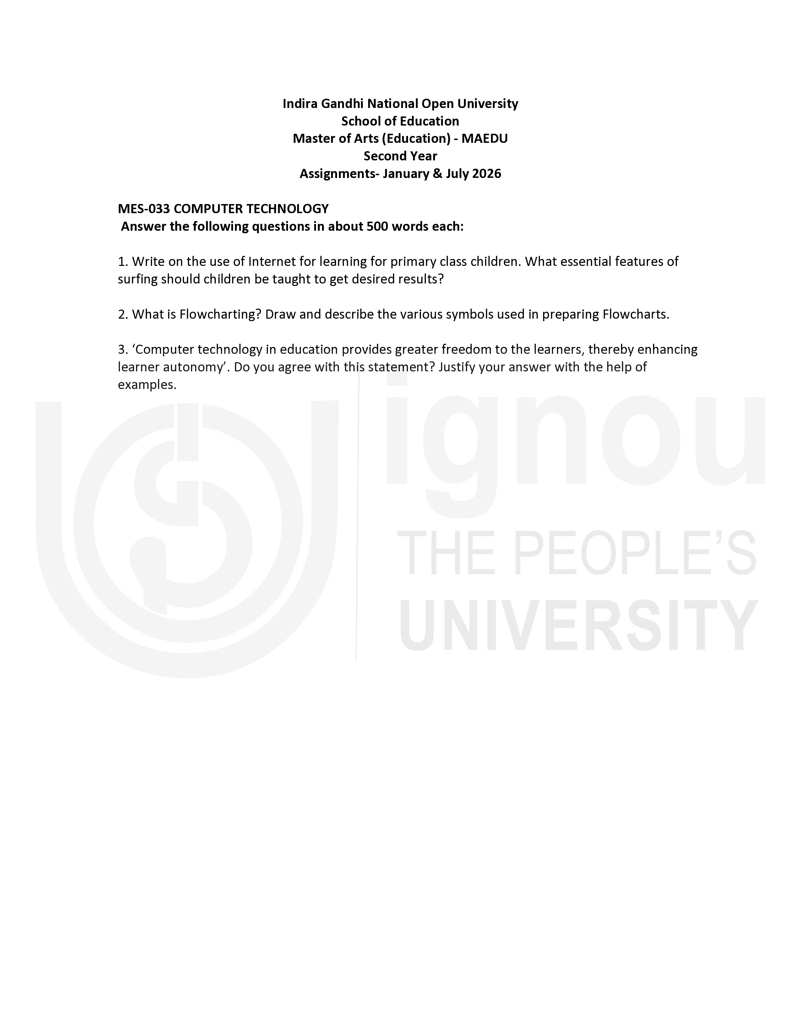 IGNOU MES 033 Solved Assignment 2026-26 – Computer Technology (English) | IGNOU Students Portal