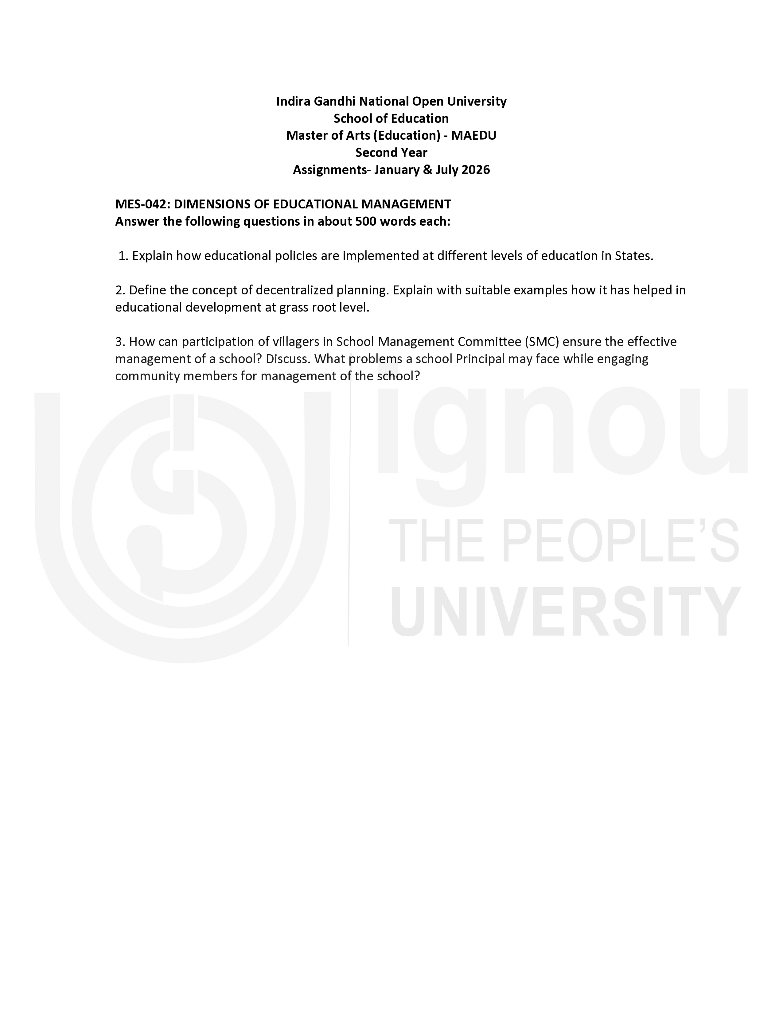 IGNOU MES 042 Solved Assignment 2026-26 – Dimensions of Educational Management (English) | IGNOU Students Portal