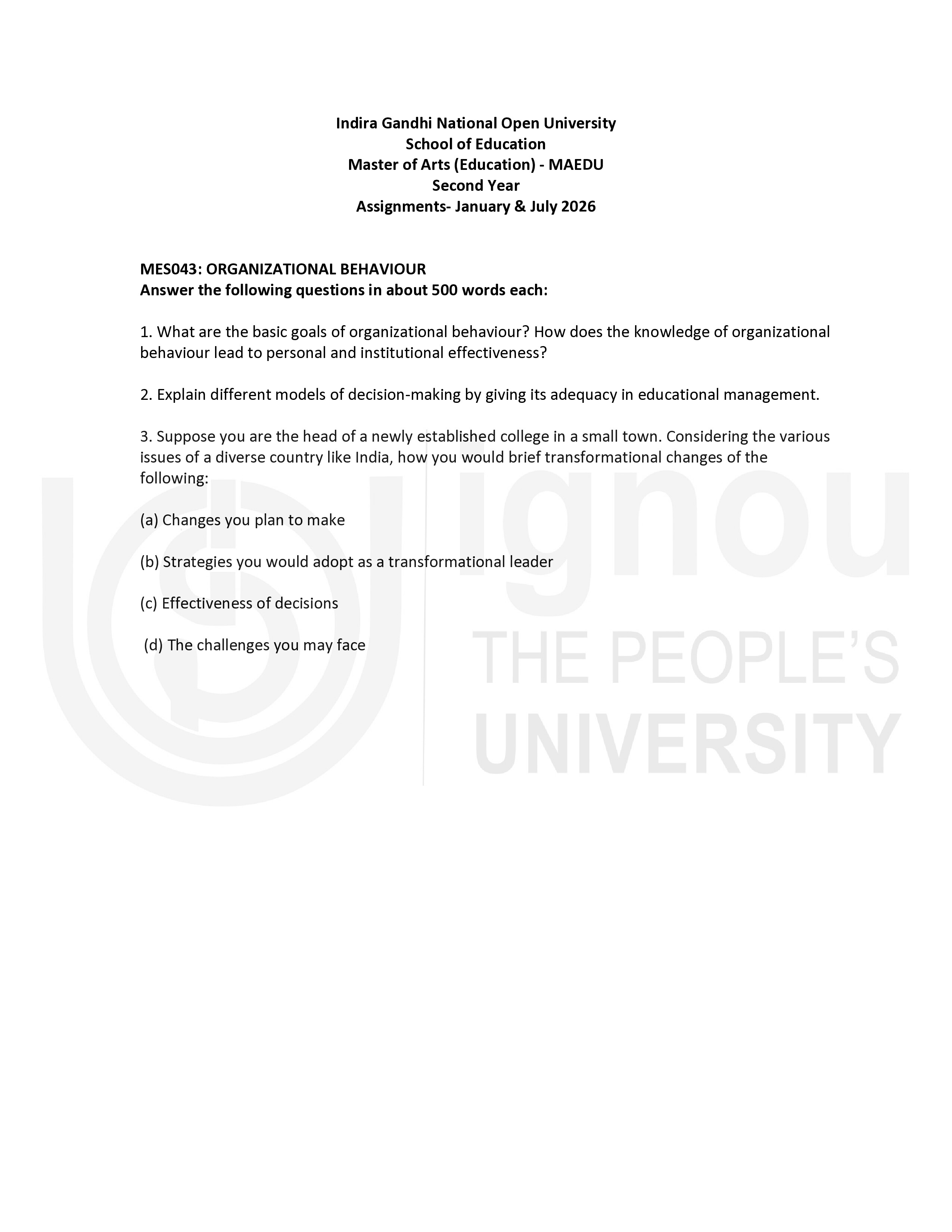 IGNOU MES 043 Solved Assignment 2026-26 – Organisational Behaviour (English) | IGNOU Students Portal