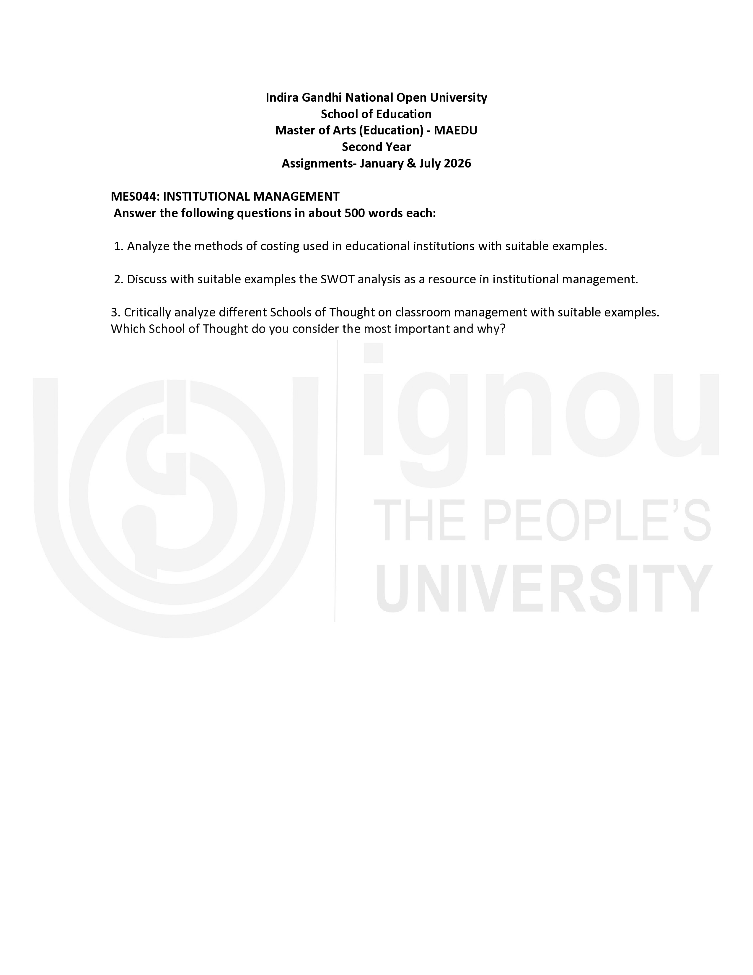 IGNOU MES 044 Solved Assignment 2026-26 – Institutional Management (English) | IGNOU Students Portal