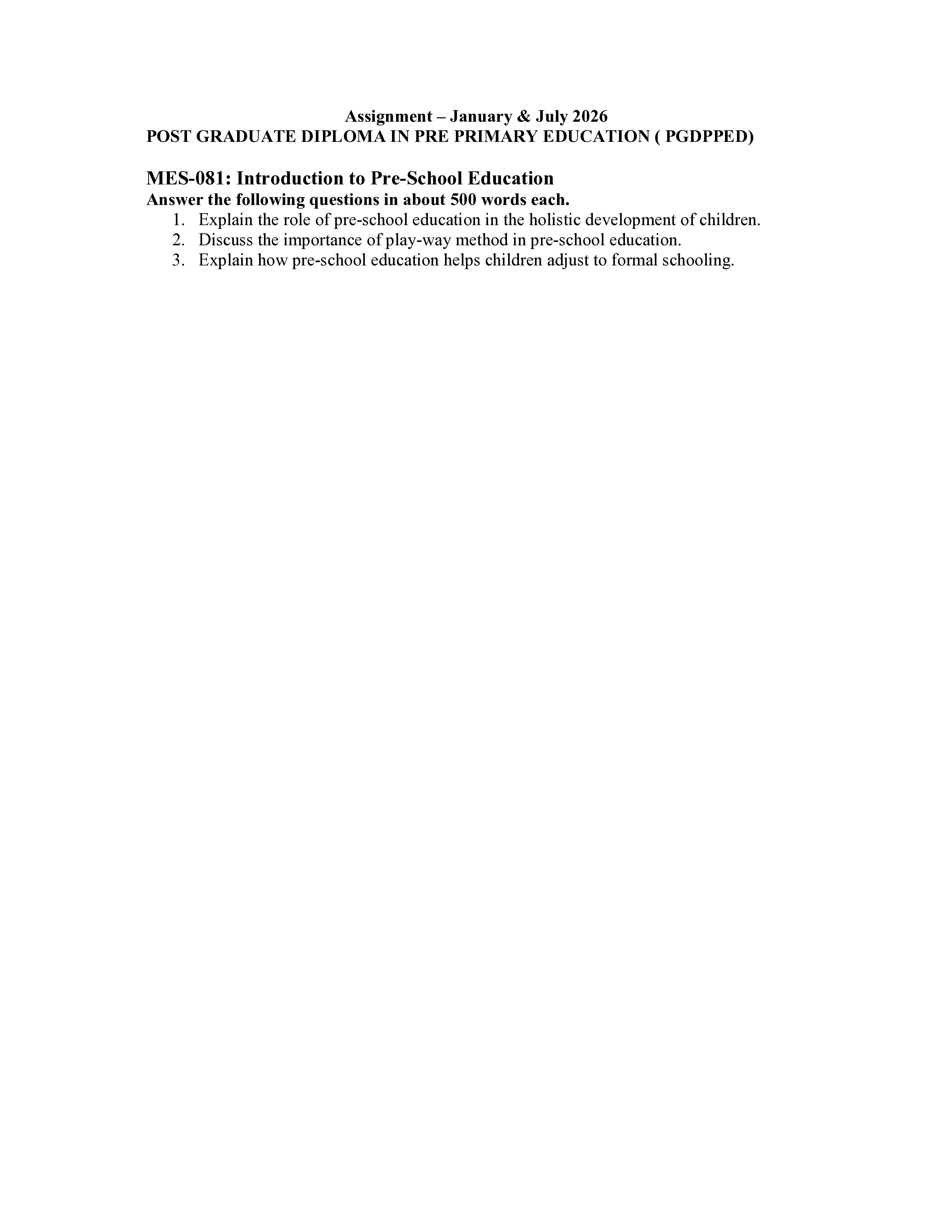 IGNOU MES 081 Solved Assignment 2026-26 – Introduction to Pre-School Education (English) | IGNOU Students Portal