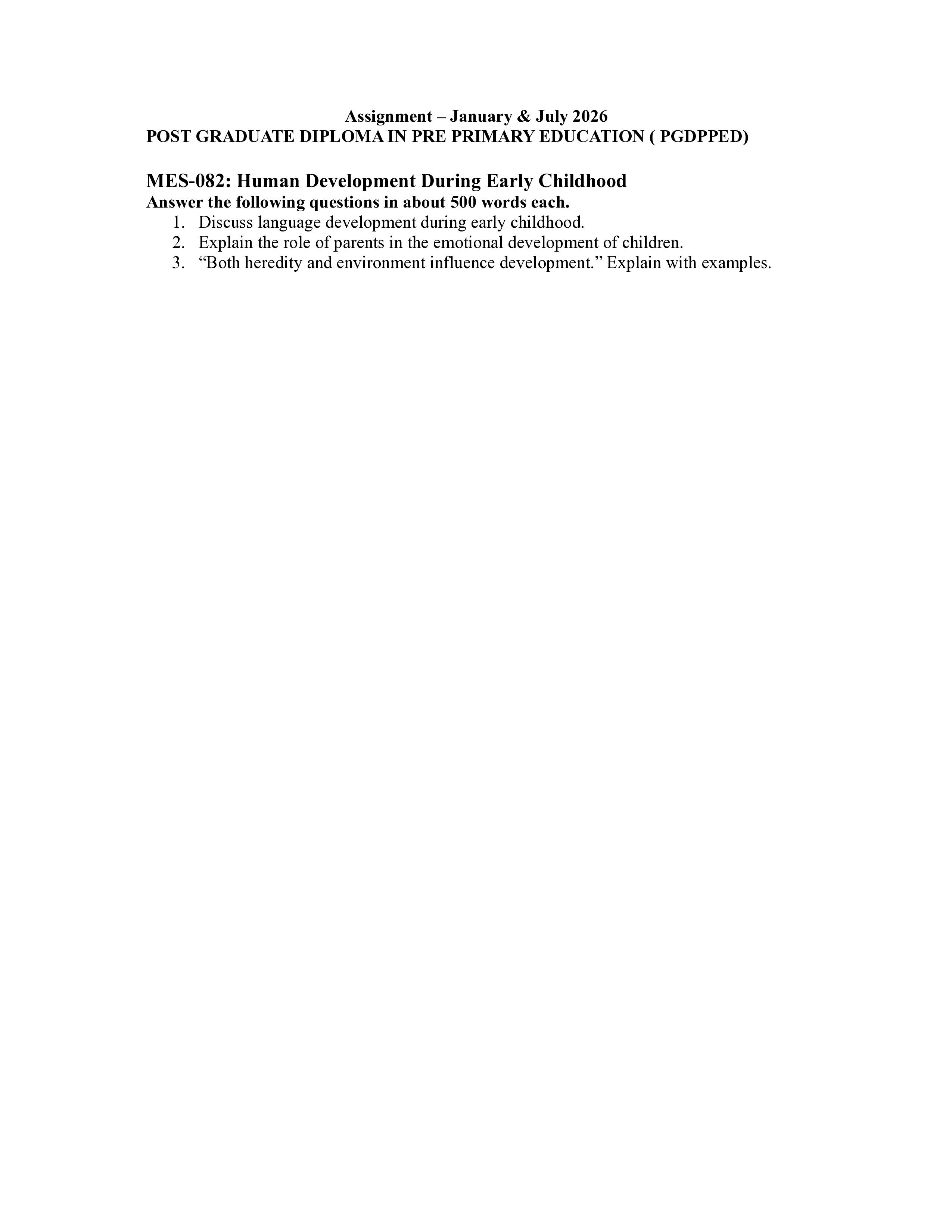 IGNOU MES 082 Solved Assignment 2026-26 – Human Development During Early Childhood (English) | IGNOU Students Portal
