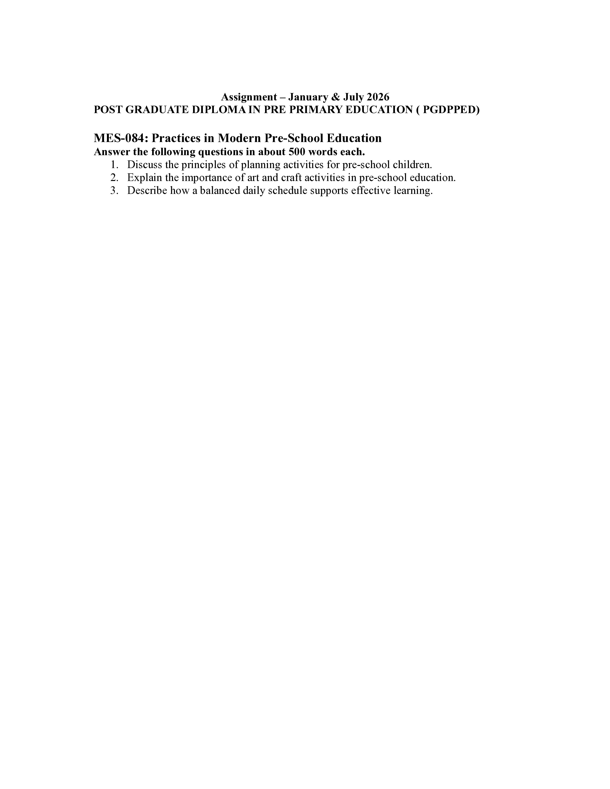 IGNOU MES 084 Solved Assignment 2026-26 – Practices in Modern Pre-School Education (English) | IGNOU Students Portal