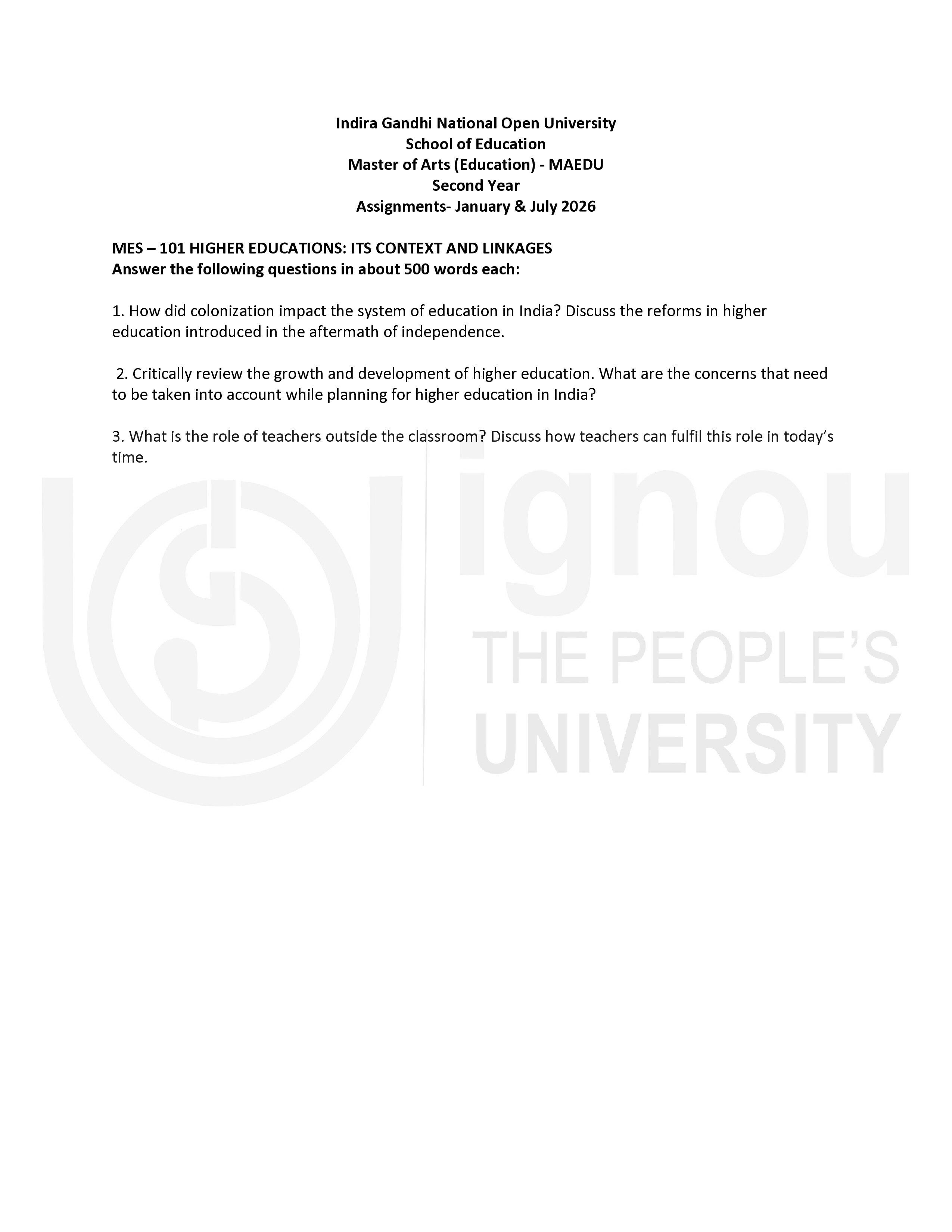 IGNOU MES 101 Solved Assignment 2026-26 – Higher EducationIts Context and Linkages (English) | IGNOU Students Portal