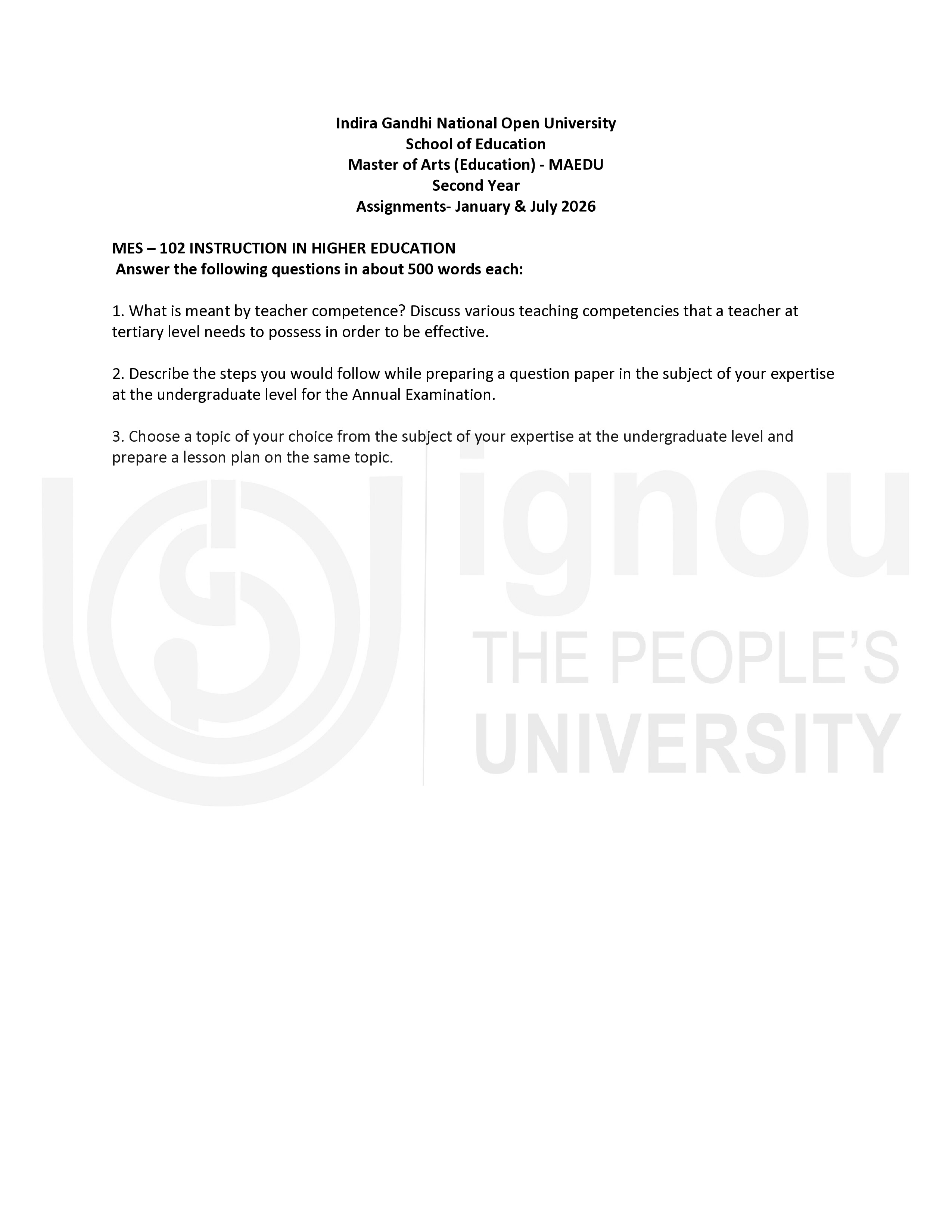IGNOU MES 102 Solved Assignment 2026-26 – Instruction in Higher Education (English) | IGNOU Students Portal