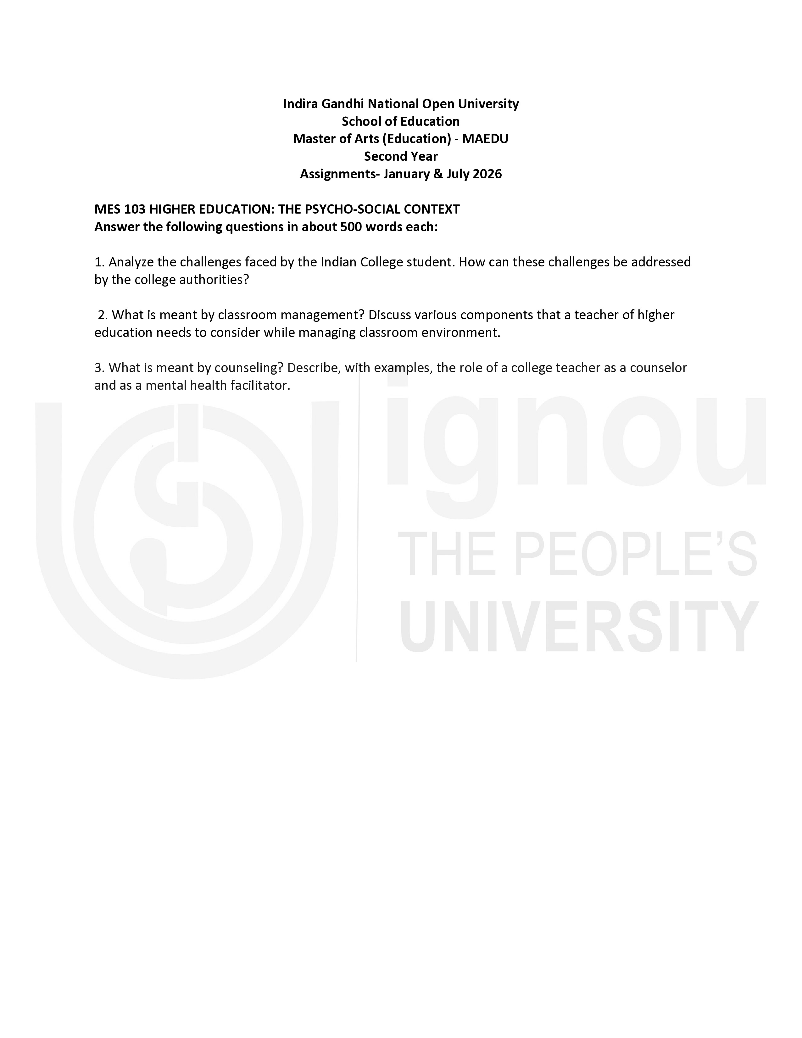 IGNOU MES 103 Solved Assignment 2026-26 – Higher Education The Psycho-Social Context (English) | IGNOU Students Portal