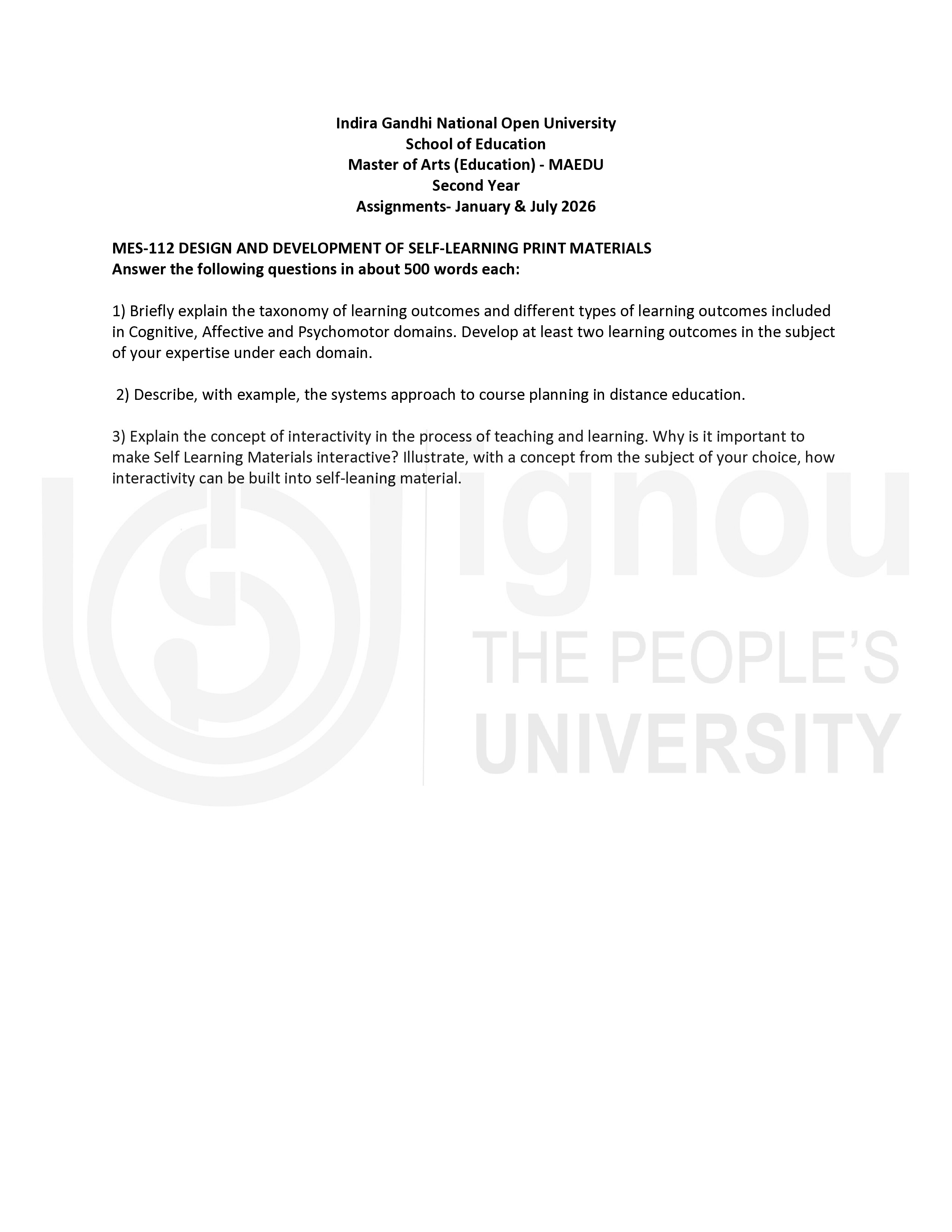 IGNOU MES 112 Solved Assignment 2026-26 – Design and Development of Self Learning Print Materials (English) | IGNOU Students Portal